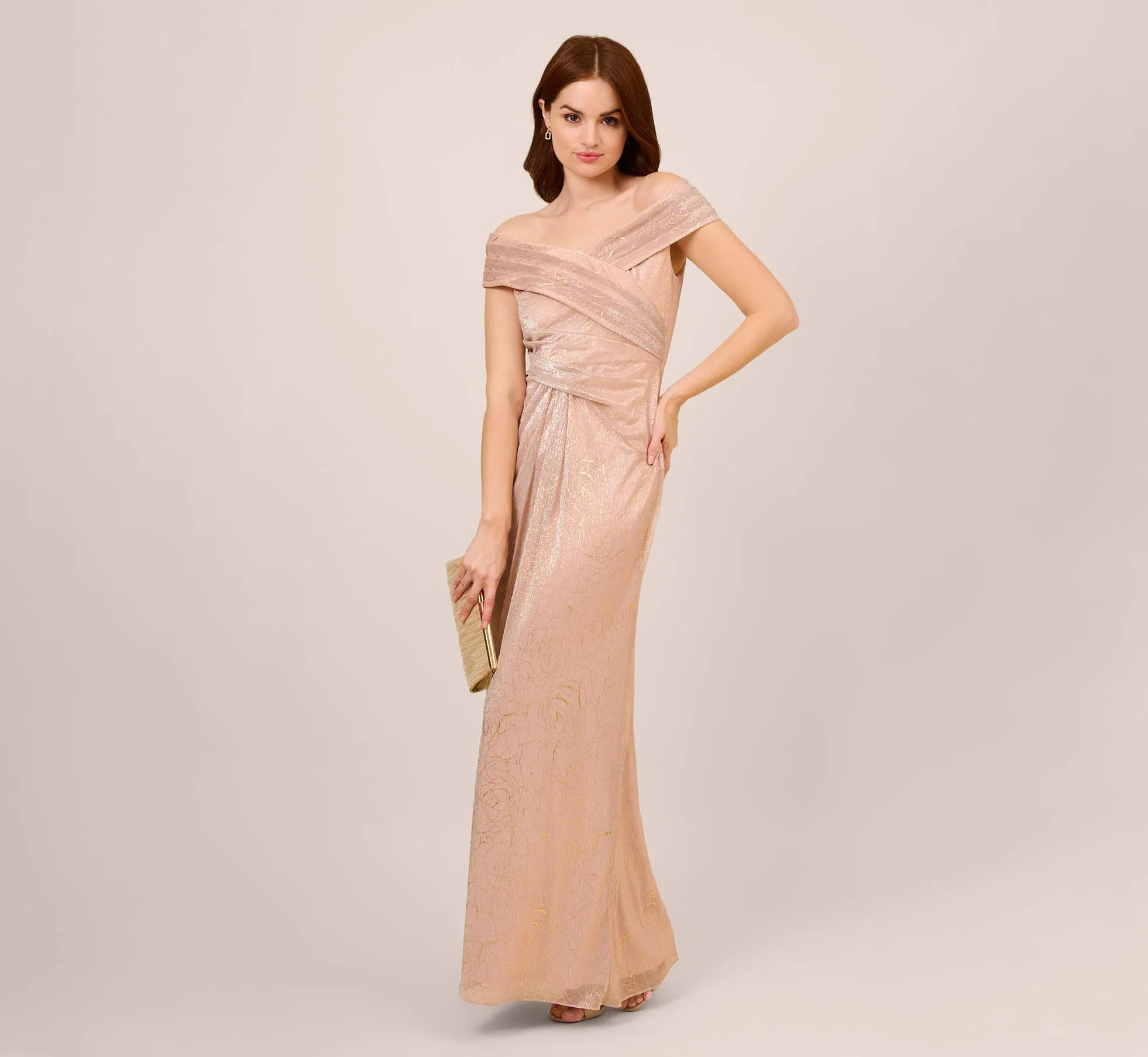 Metallic Rose Motif Off-The-Shoulder Long Gown In Rose Gold sold by Adrianna Papell product image thumbnail 2