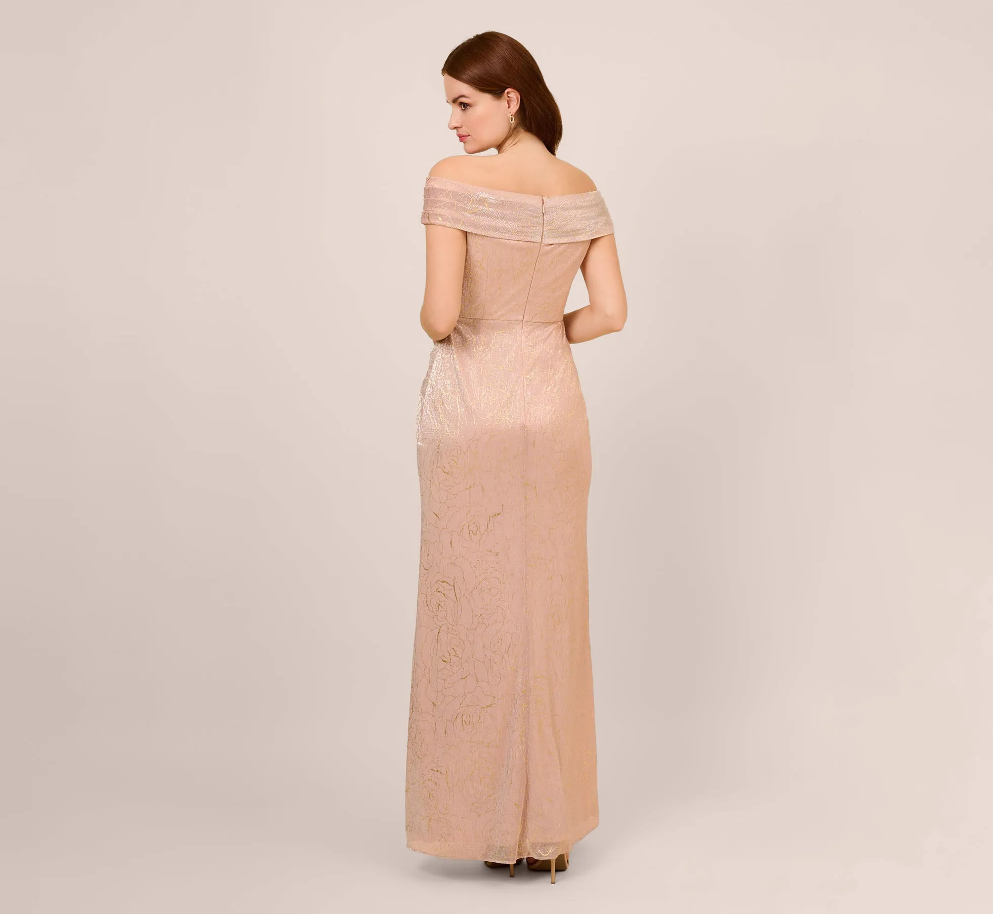 Metallic Rose Motif Off-The-Shoulder Long Gown In Rose Gold sold by Adrianna Papell product image thumbnail 4