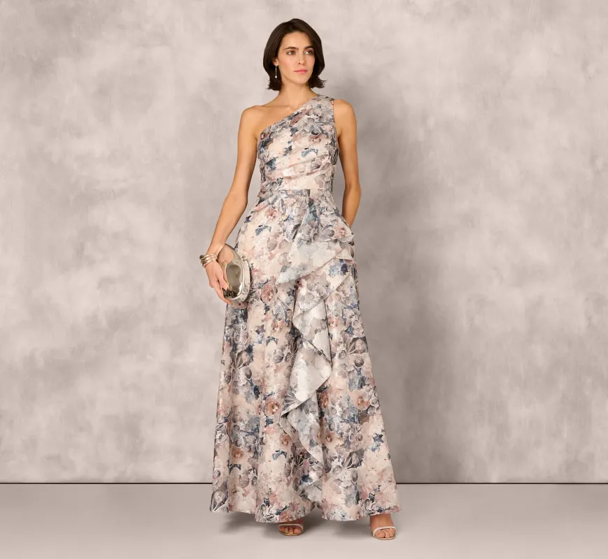 One Shoulder Floral Jacquard Ruffle Gown In Blue Multi sold by Adrianna Papell