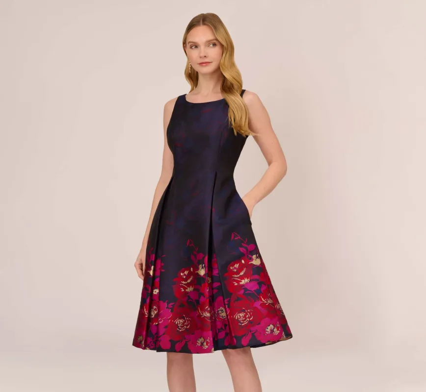 Jacquard Midi Dress With Metallic Floral Trim In Navy Pink Multi sold by Adrianna Papell
