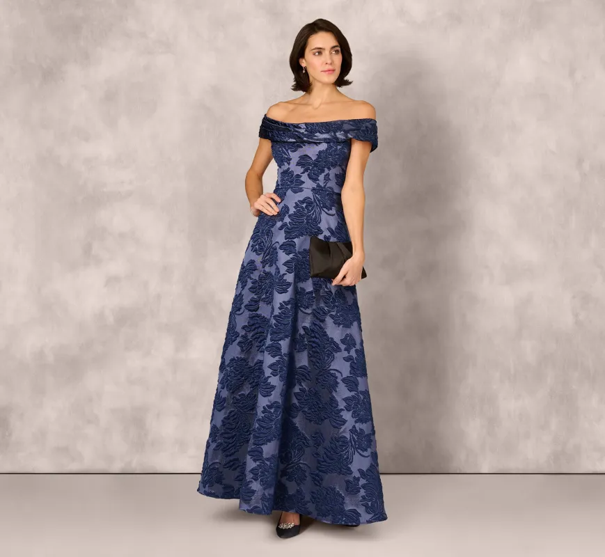 Off Shoulder Textured Floral Jacquard Gown In Navy sold by Adrianna Papell