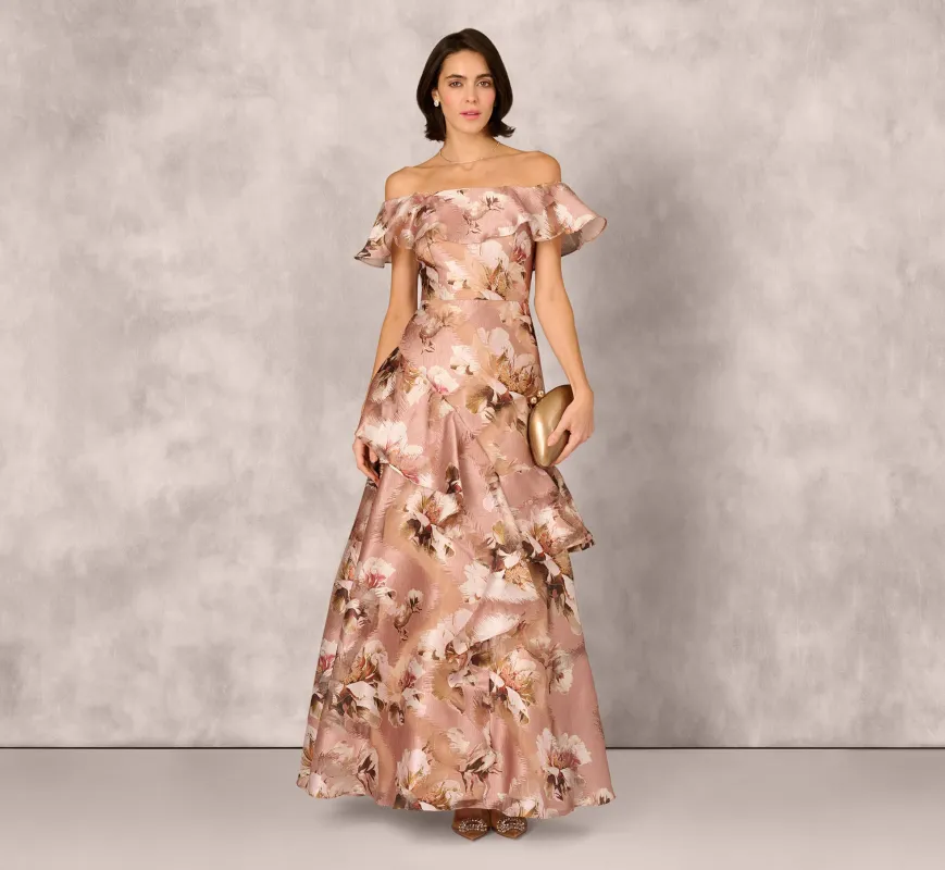 Off Shoulder Floral Jacquard Flounce Gown In Blush Multi sold by Adrianna Papell