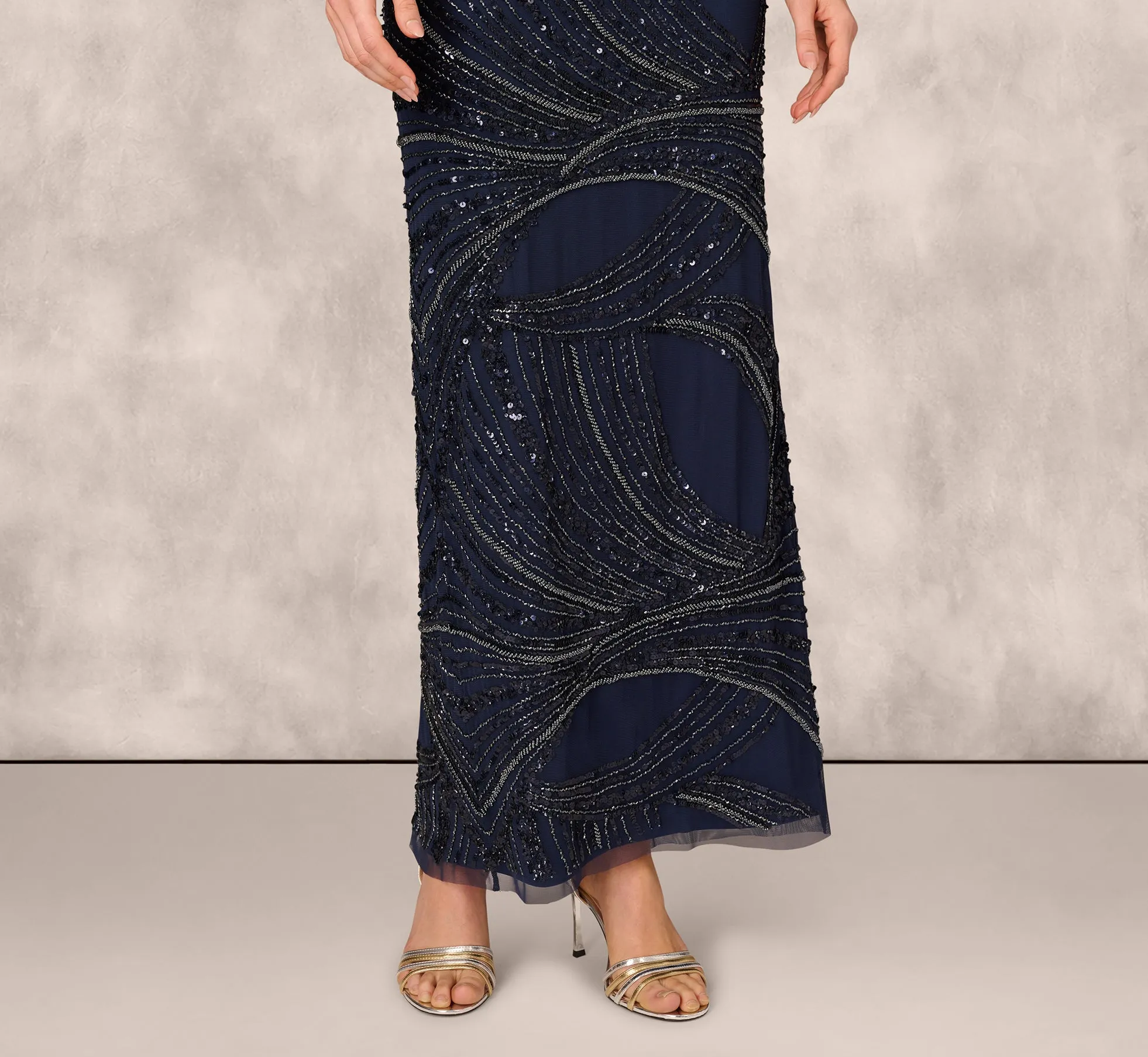 Short Sleeve Beaded Column Gown In Navy sold by Adrianna Papell product image thumbnail 4