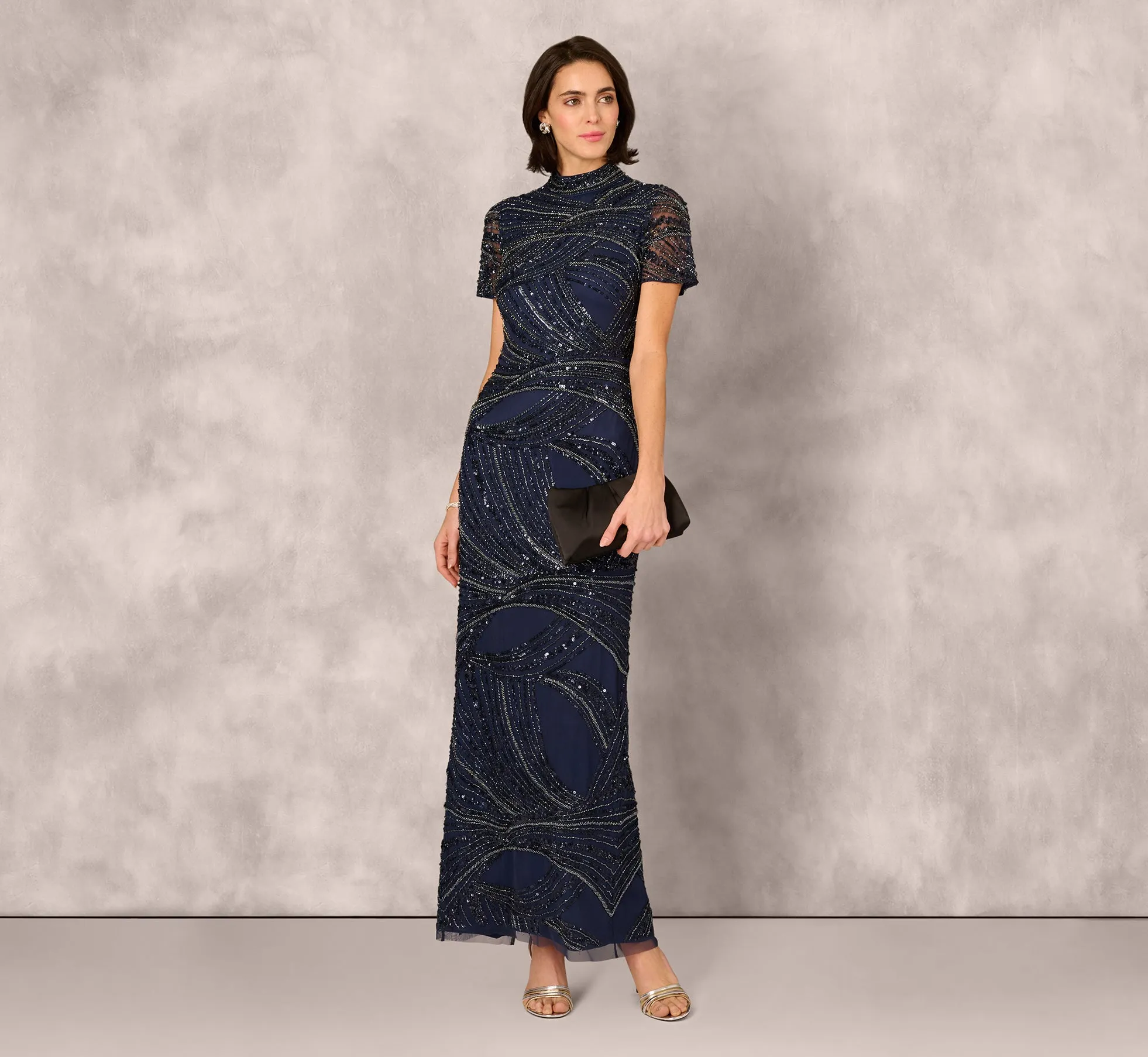 Short Sleeve Beaded Column Gown In Navy sold by Adrianna Papell