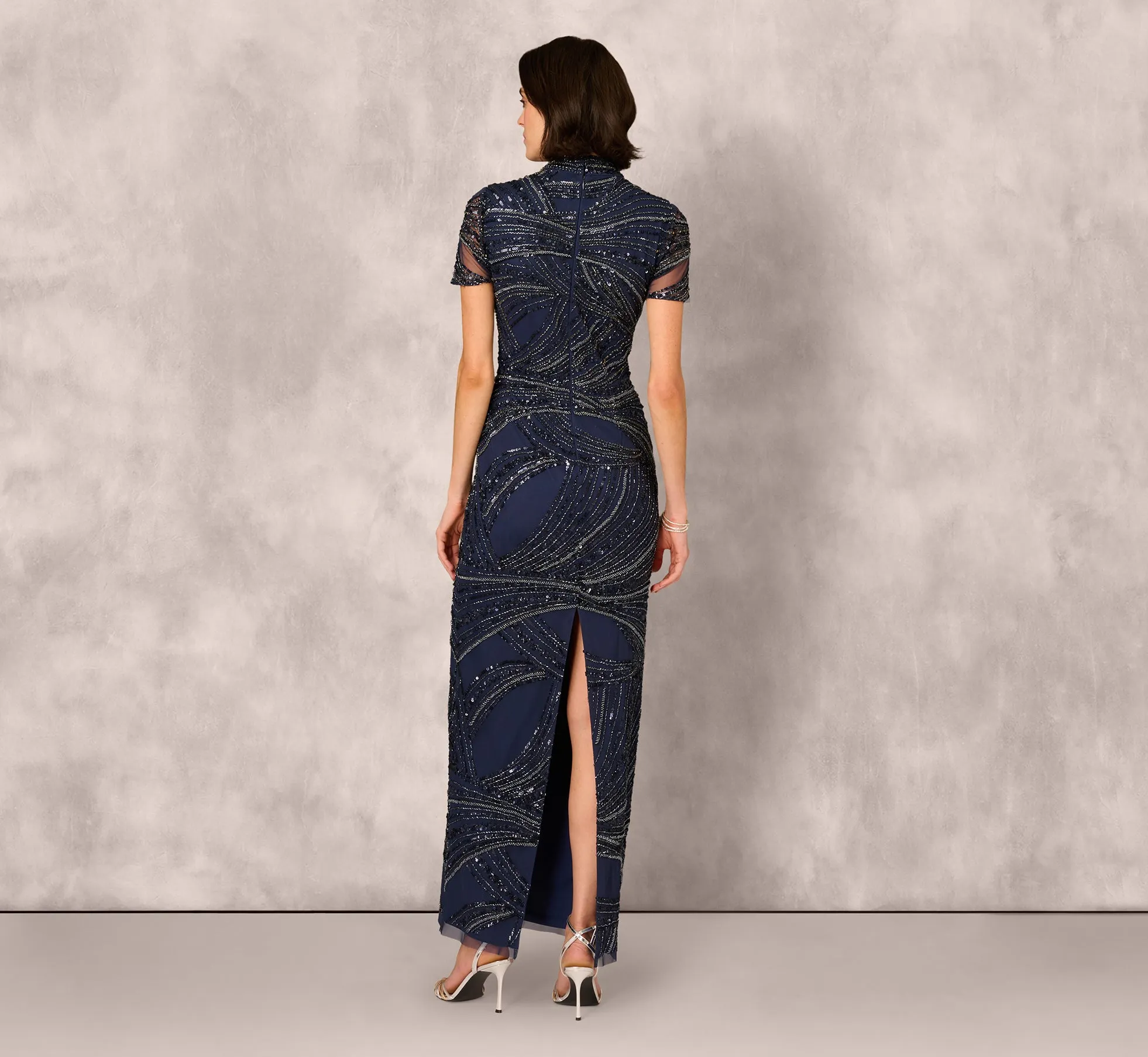 Short Sleeve Beaded Column Gown In Navy sold by Adrianna Papell product image thumbnail 5