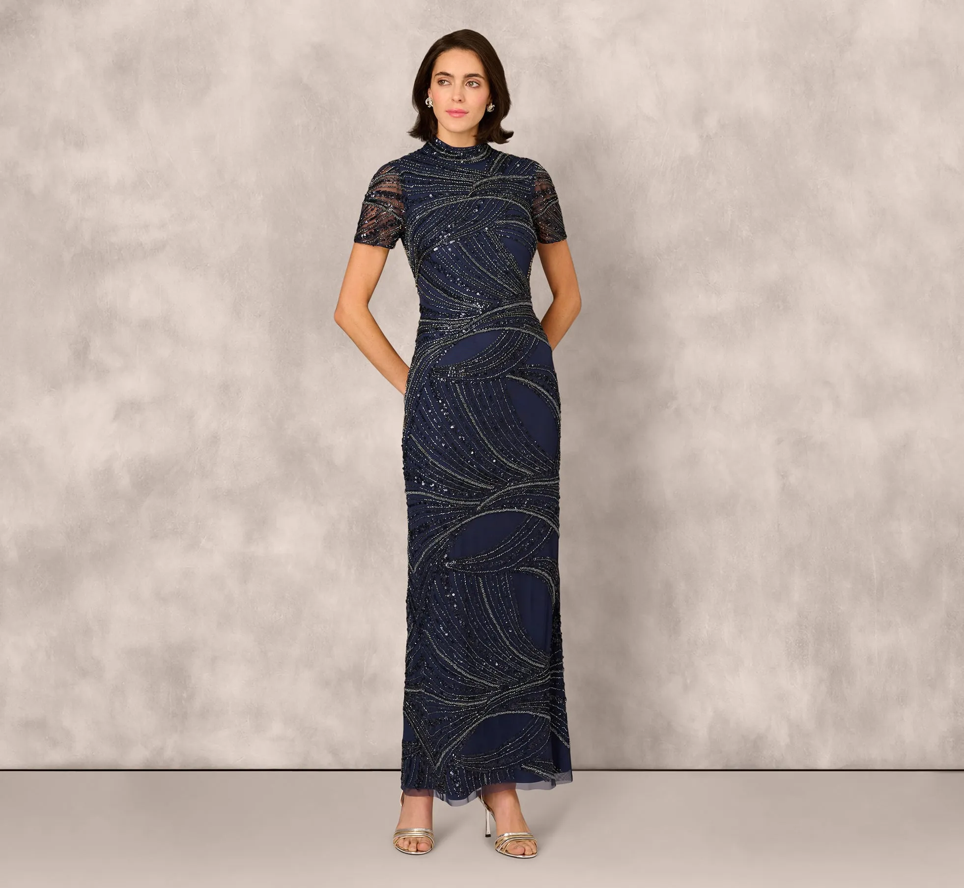 Short Sleeve Beaded Column Gown In Navy sold by Adrianna Papell product image thumbnail 2