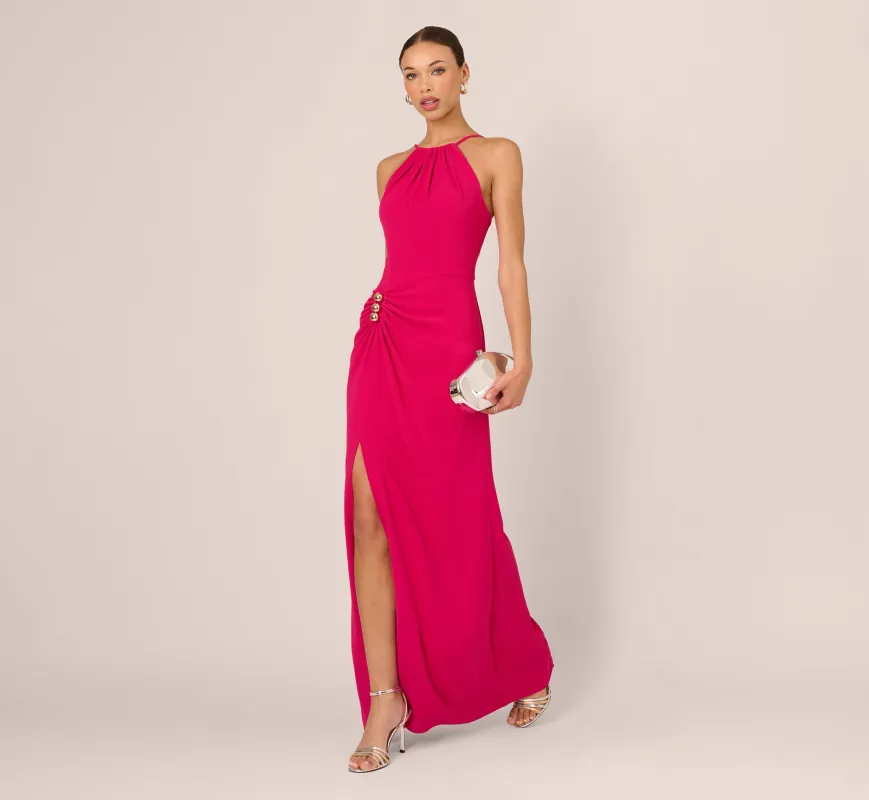Gathered Stretch Crepe Halter Gown In Bright Rose sold by Adrianna Papell