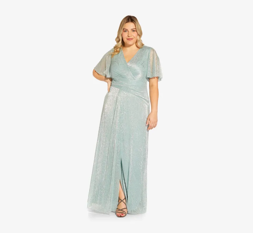 Plus Size Metallic Mesh Draped Gown In Sea Glass sold by Adrianna Papell