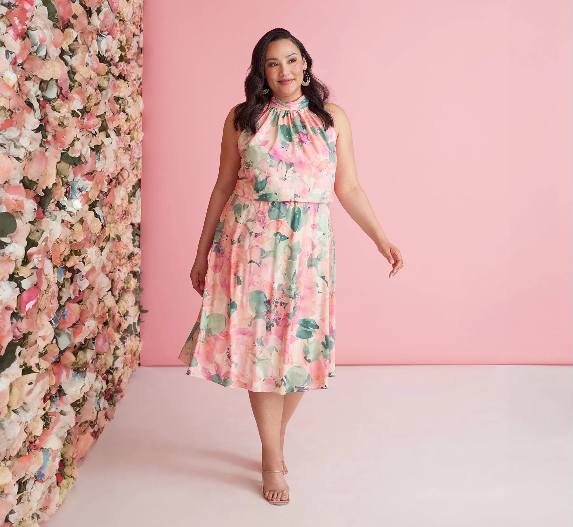 Plus Size Floral Print Chiffon Halter Dress With Mock Neck In Blush Multi sold by Adrianna Papell