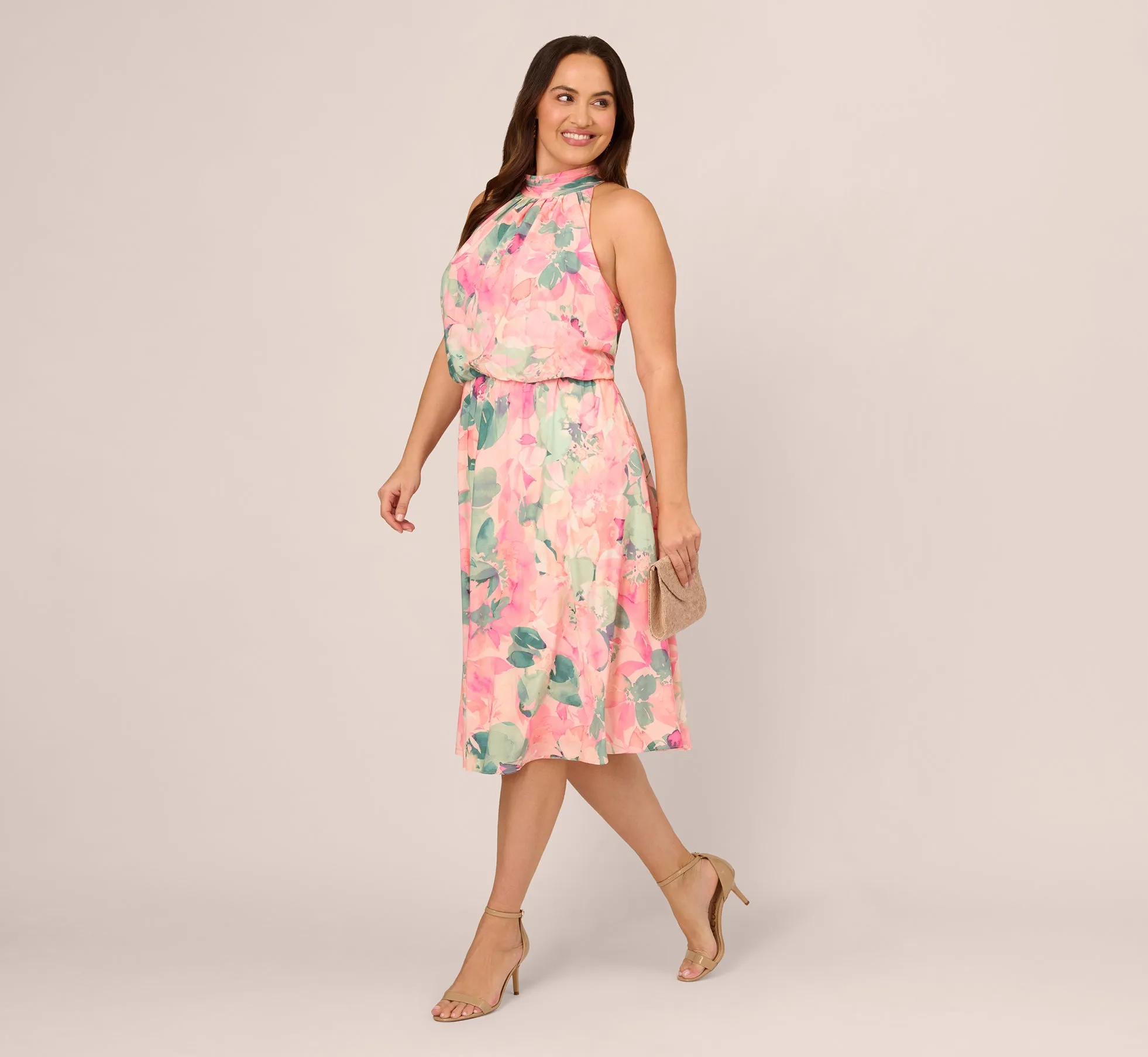 Plus Size Floral Print Chiffon Halter Dress With Mock Neck In Blush Multi sold by Adrianna Papell product image thumbnail 3