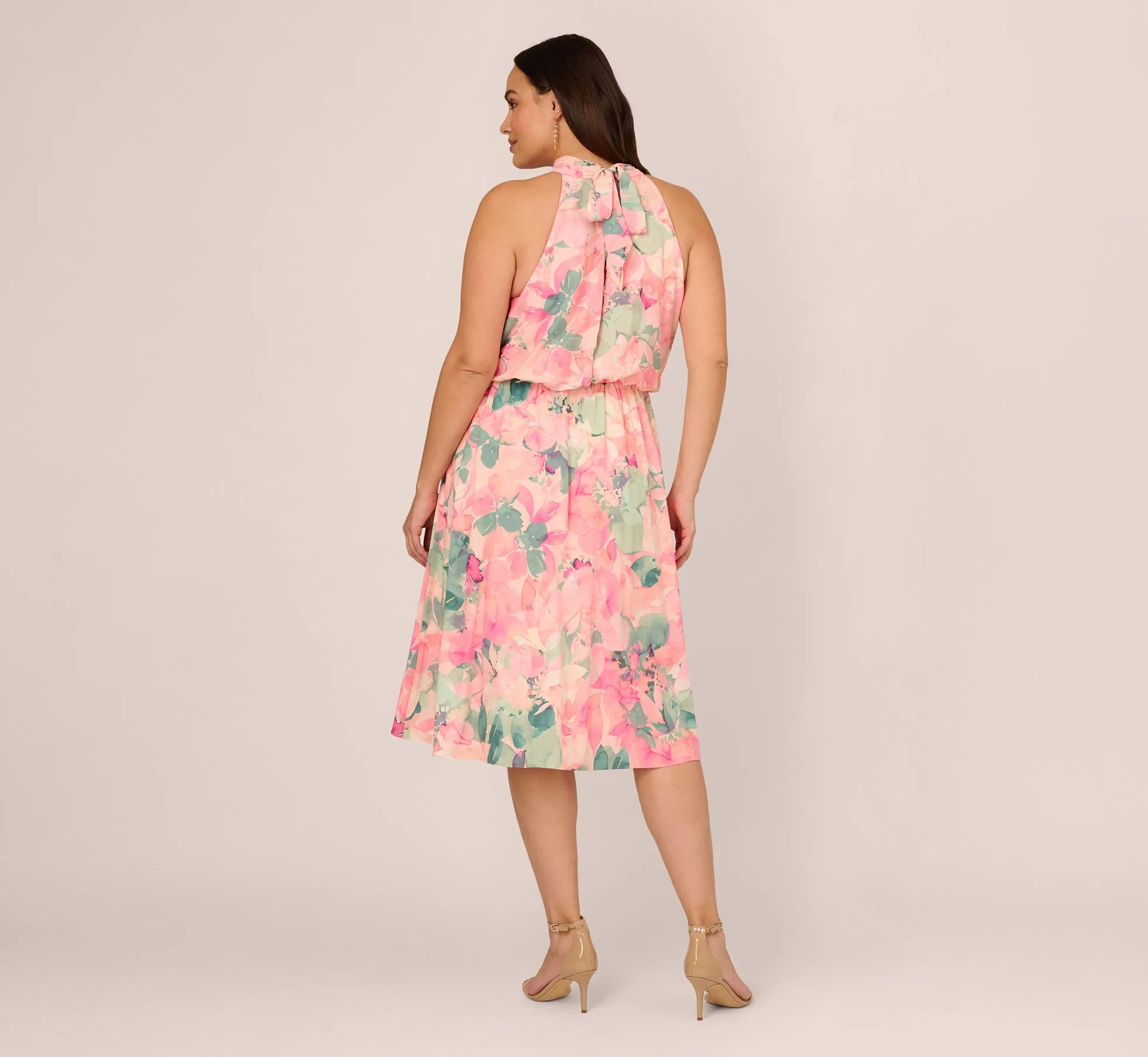 Plus Size Floral Print Chiffon Halter Dress With Mock Neck In Blush Multi sold by Adrianna Papell product image thumbnail 5