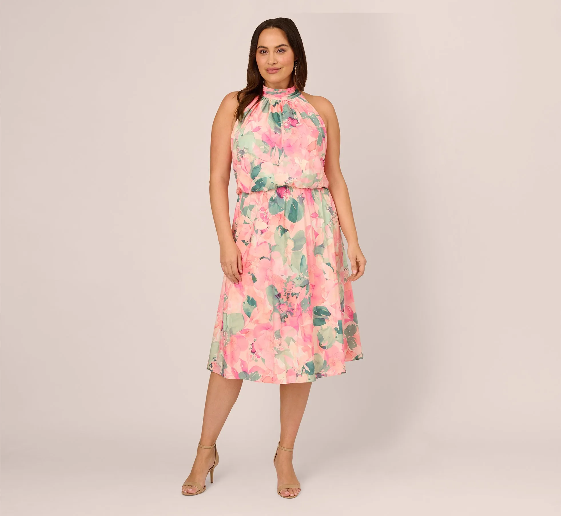 Plus Size Floral Print Chiffon Halter Dress With Mock Neck In Blush Multi sold by Adrianna Papell product image thumbnail 2