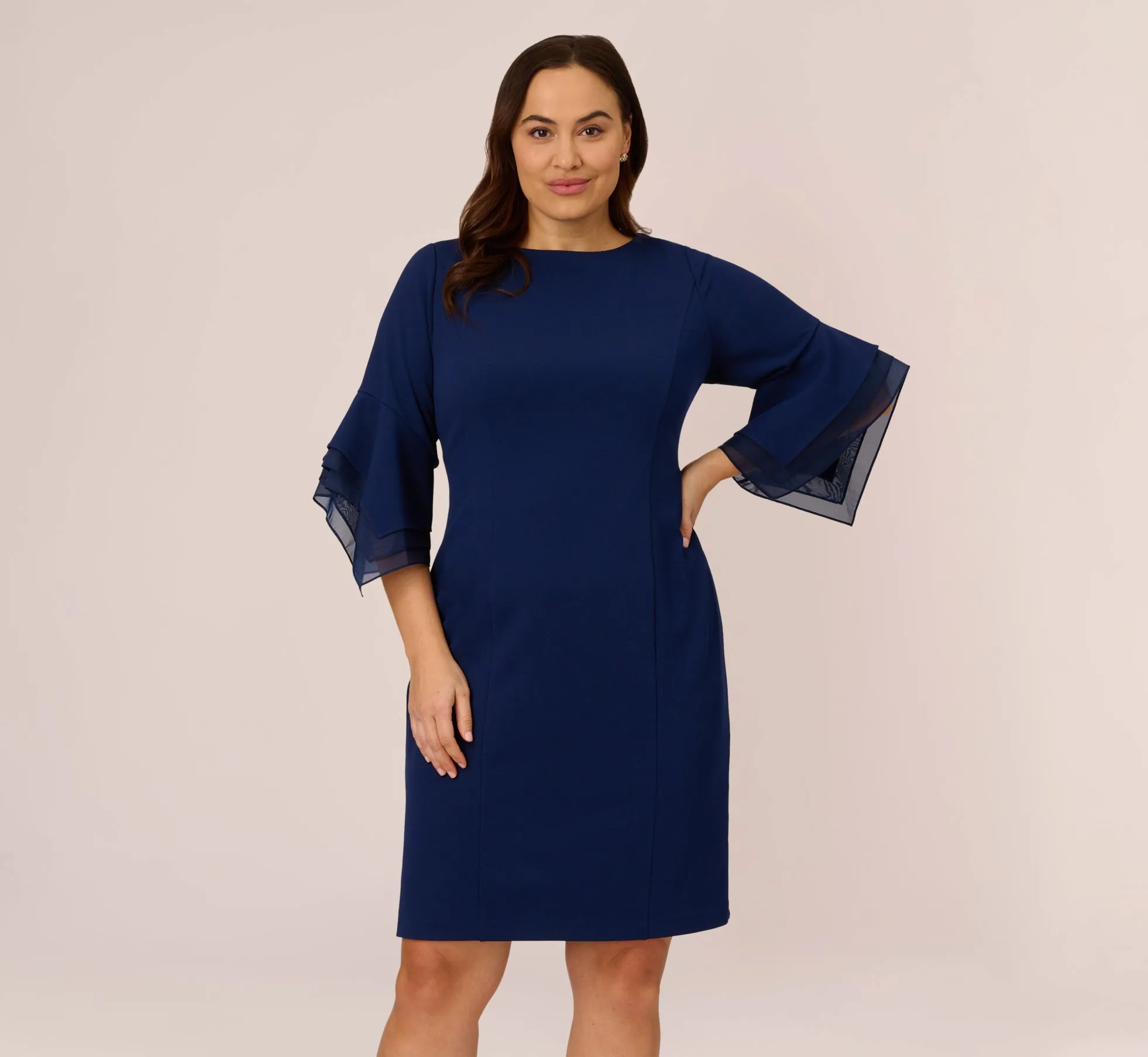 Plus Size Knit Crepe Sheath Dress With Tiered Three Quarter Sleeves In Navy Sateen sold by Adrianna Papell