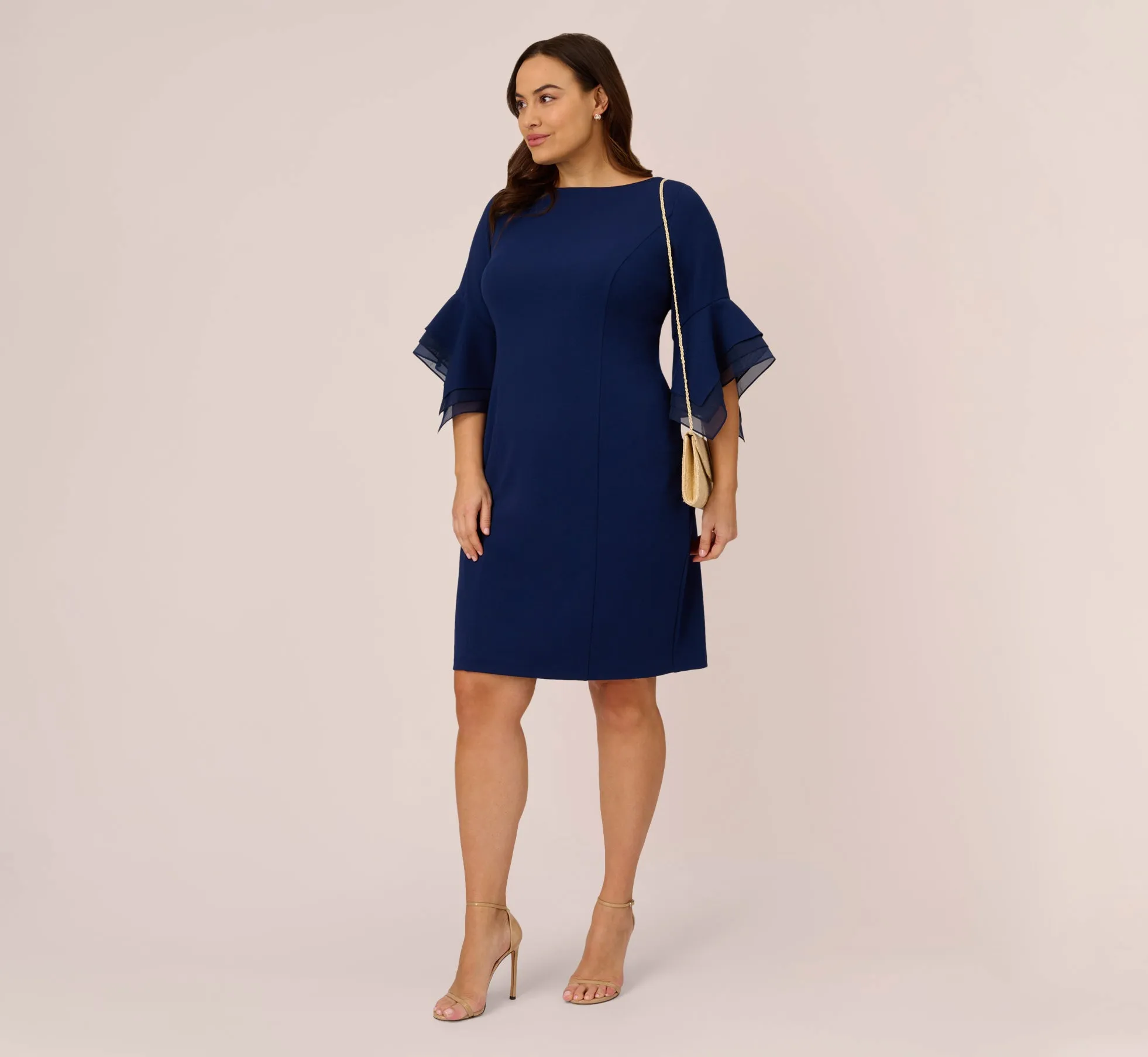 Plus Size Knit Crepe Sheath Dress With Tiered Three Quarter Sleeves In Navy Sateen sold by Adrianna Papell product image thumbnail 4