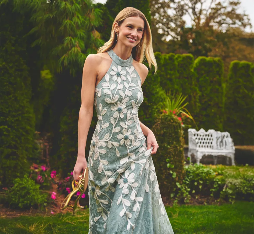 Lace Soutache Embroidery Halter Gown In Sage Ivory sold by Adrianna Papell