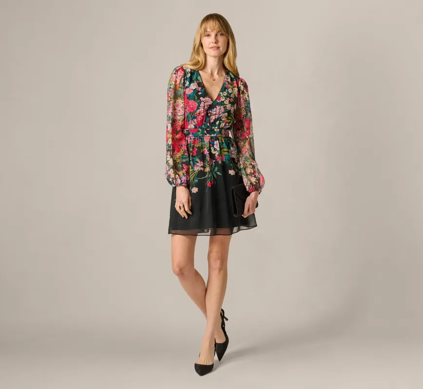 Long Sleeve Wildflower Print Short Dress In Black Multi sold by Adrianna Papell