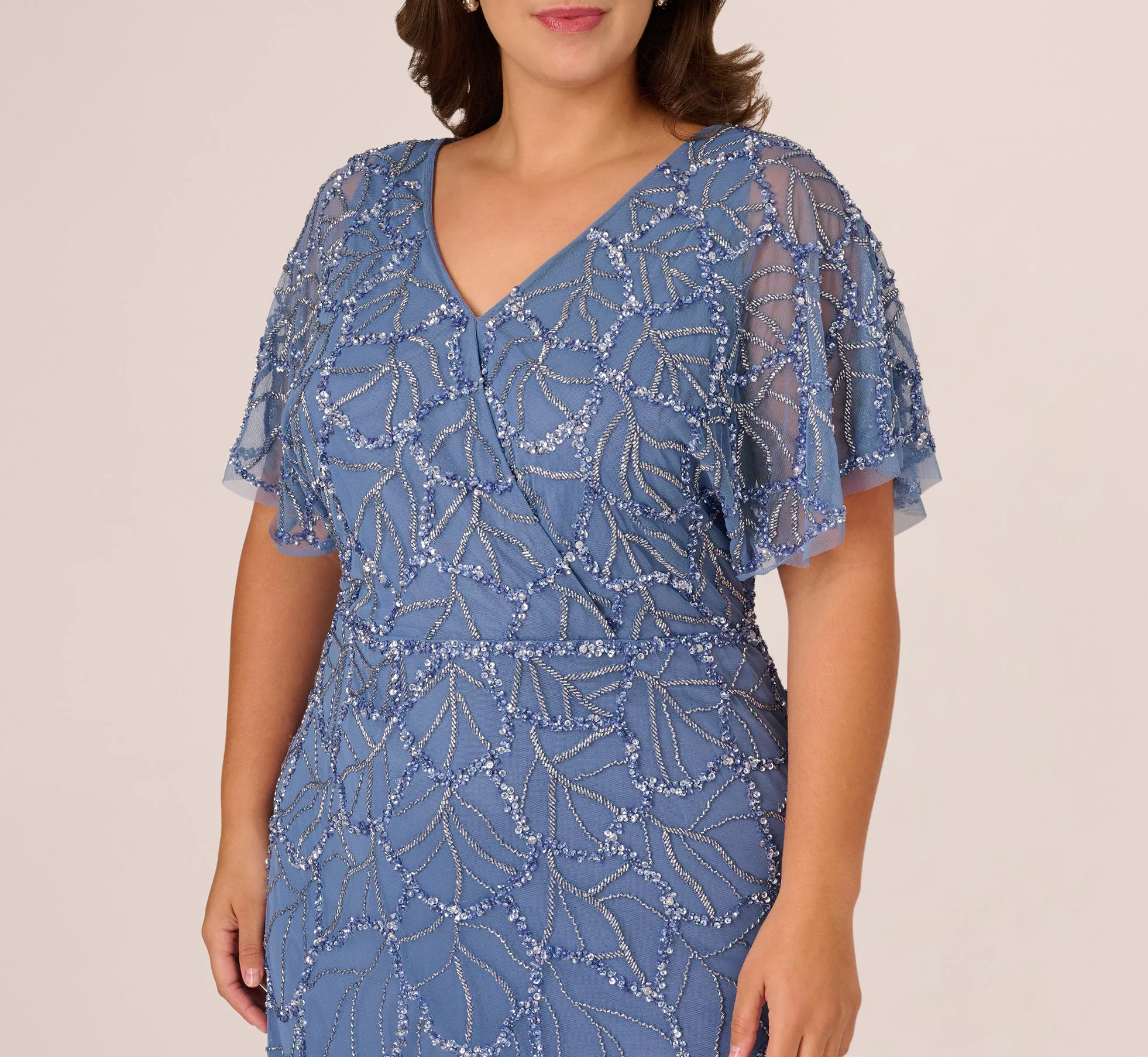 Plus Size Flutter Sleeve Surplice Beaded Gown In French Blue sold by Adrianna Papell product image thumbnail 3