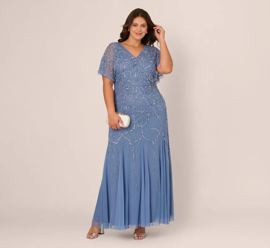 Plus Size Flutter Sleeve Surplice Beaded Gown In French Blue sold by Adrianna Papell