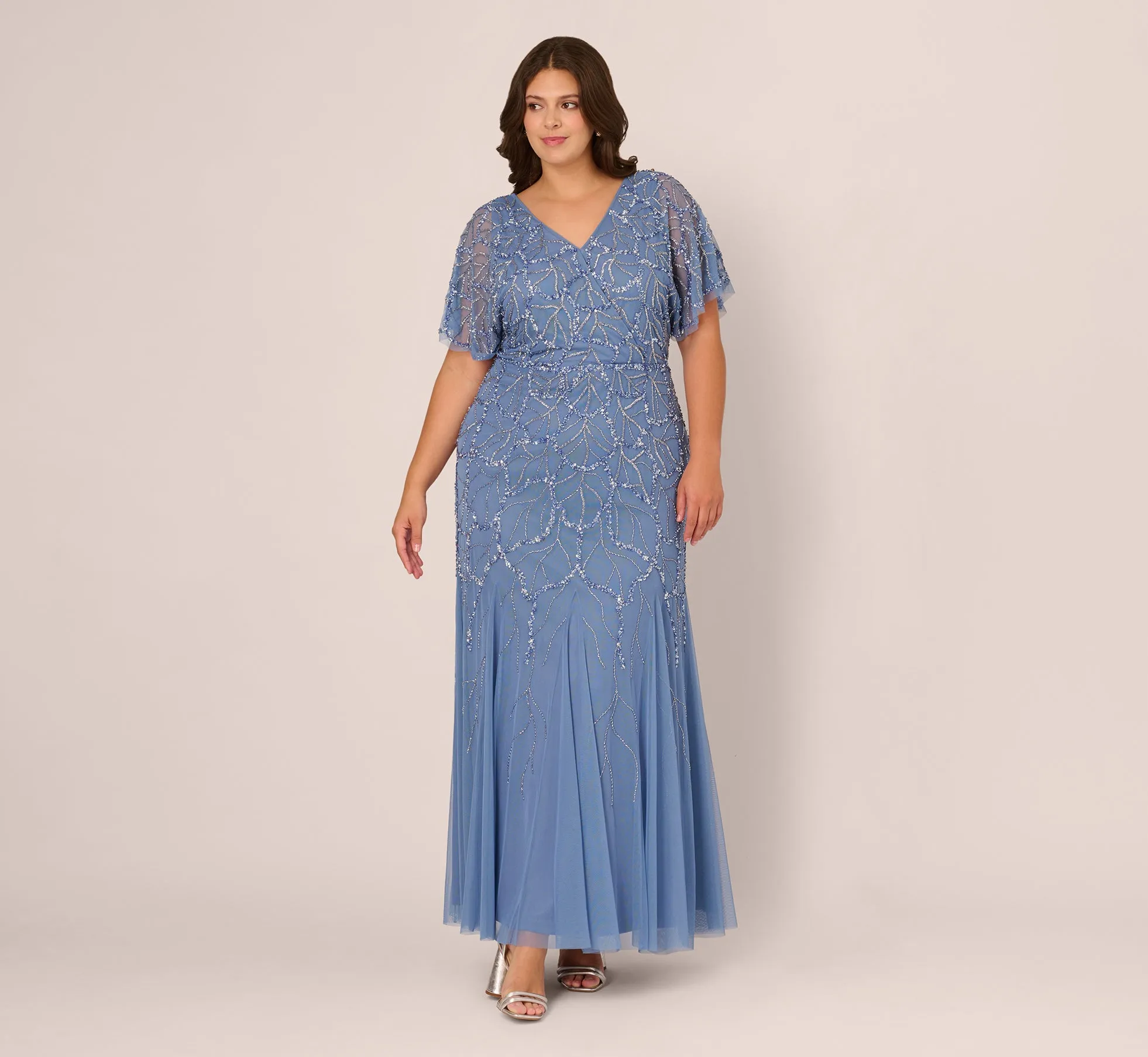 Plus Size Flutter Sleeve Surplice Beaded Gown In French Blue sold by Adrianna Papell product image thumbnail 2