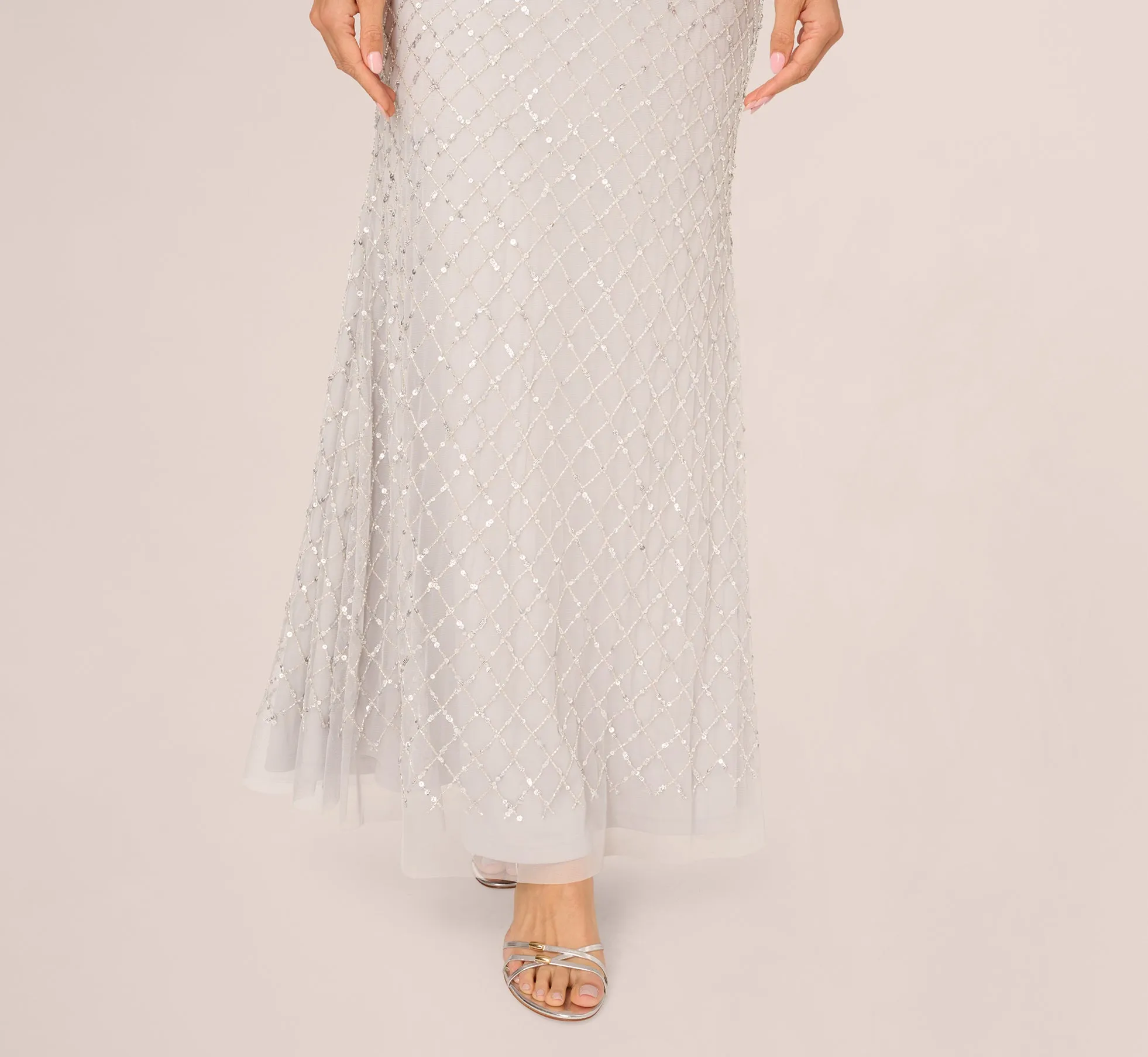 Short Sleeve Diamond Beaded Cowl Gown In Crystal Silver sold by Adrianna Papell product image thumbnail 5