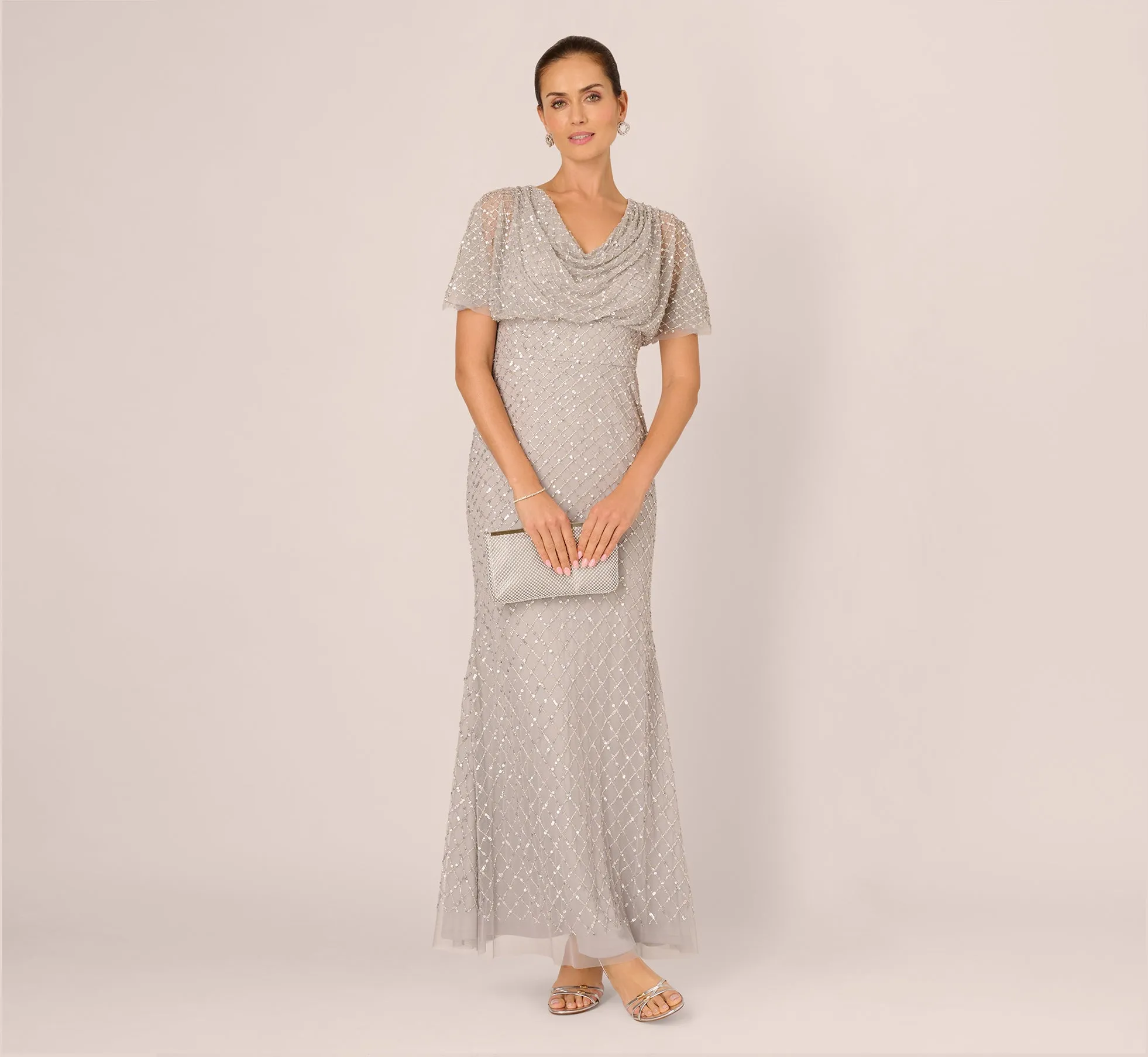 Short Sleeve Diamond Beaded Cowl Gown In Crystal Silver sold by Adrianna Papell product image thumbnail 2
