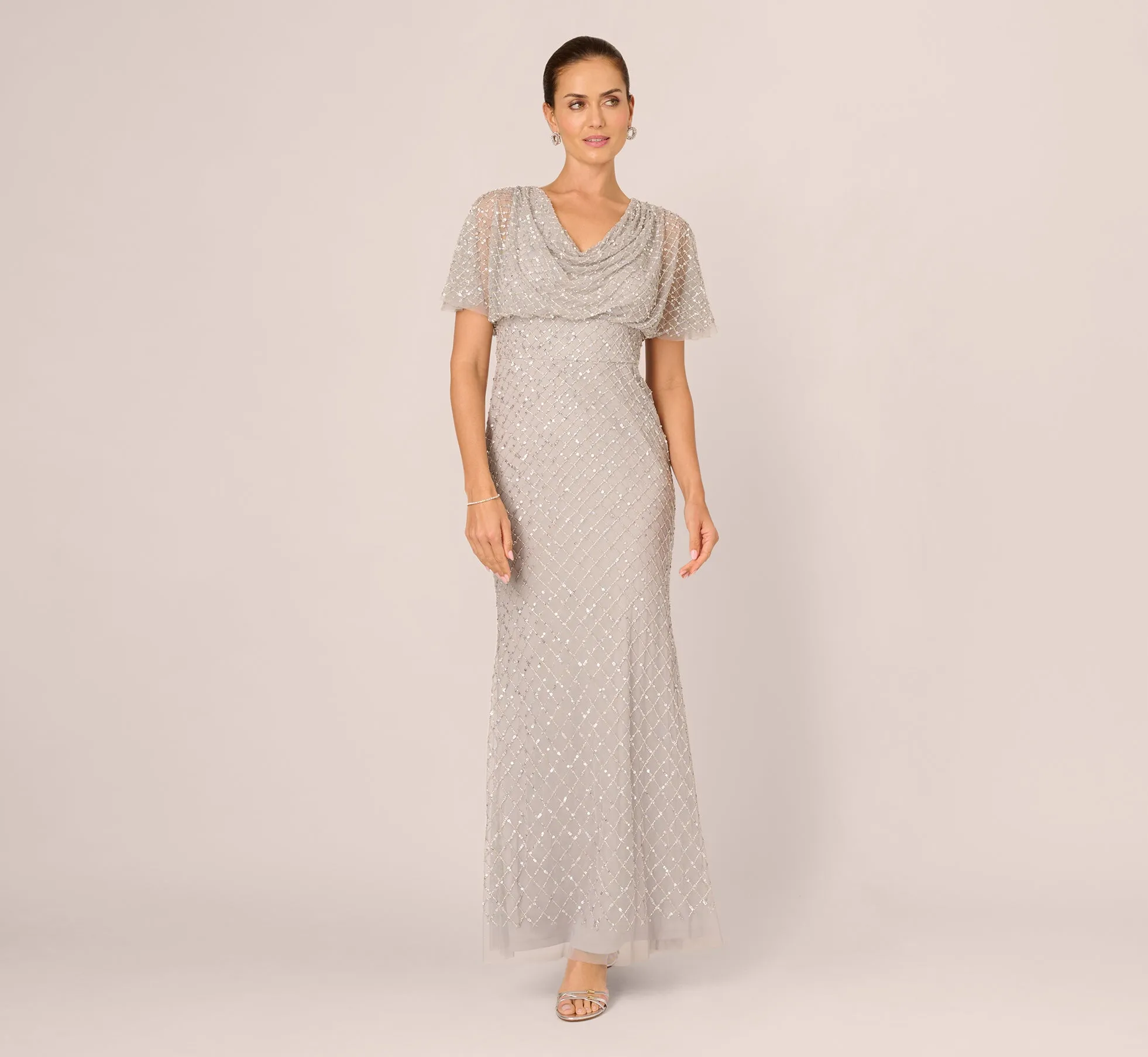 Short Sleeve Diamond Beaded Cowl Gown In Crystal Silver sold by Adrianna Papell product image thumbnail 3