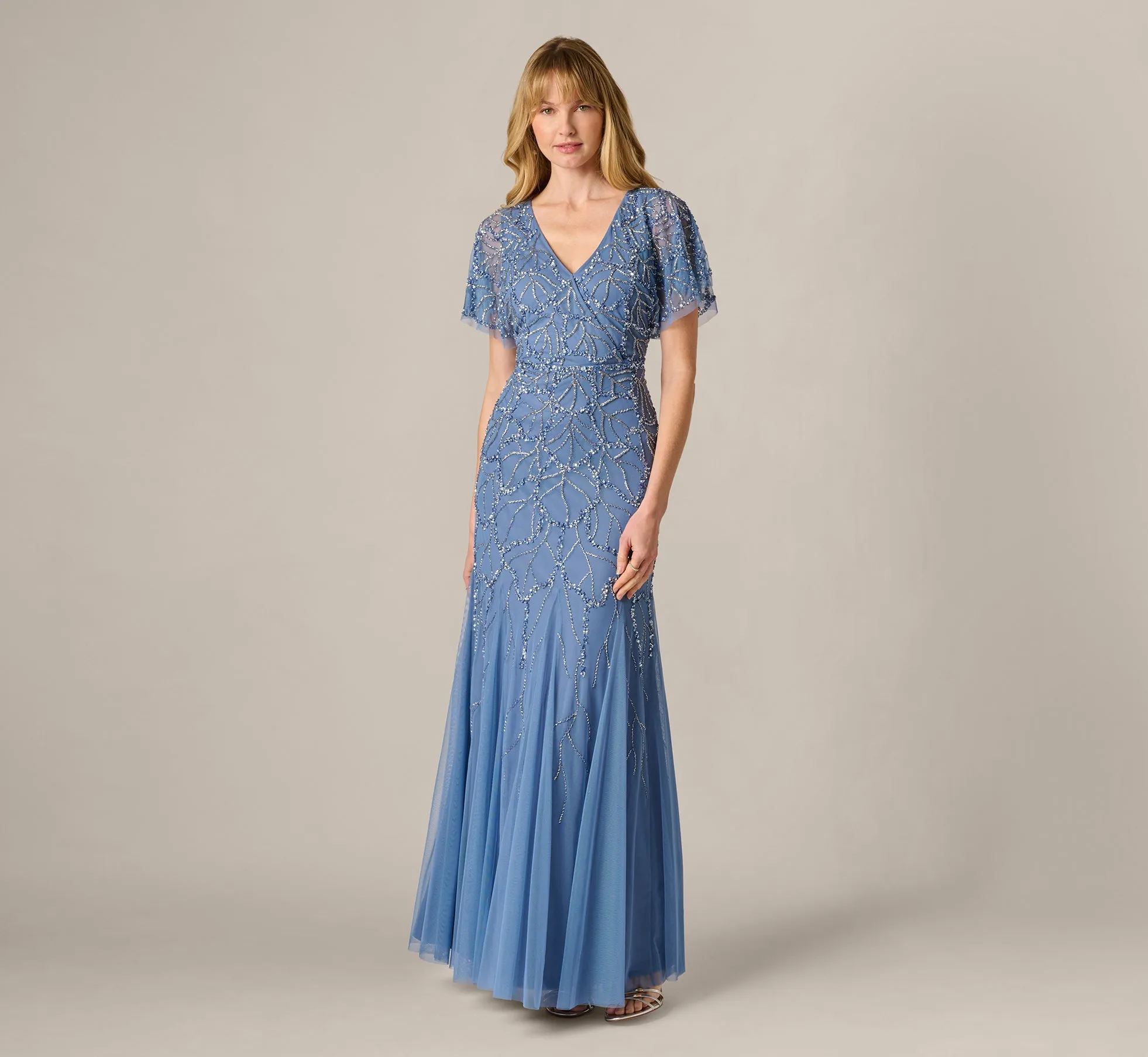 Flutter Sleeve Surplice Beaded Gown In French Blue sold by Adrianna Papell product image thumbnail 2