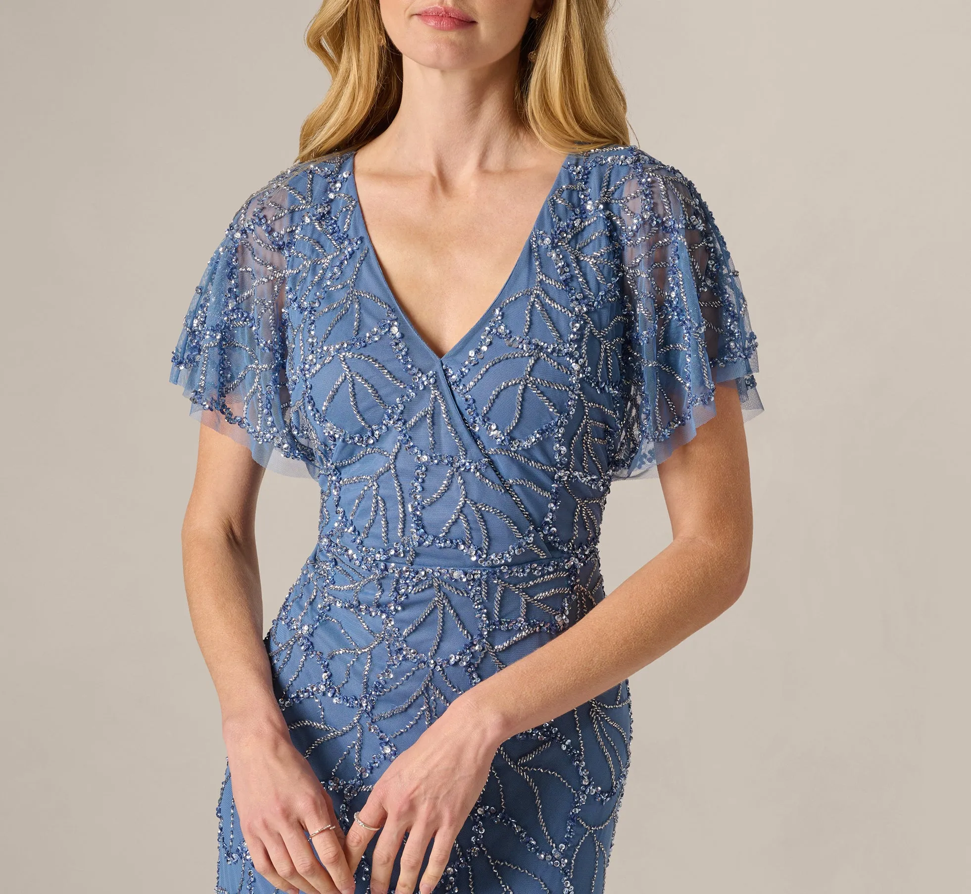 Flutter Sleeve Surplice Beaded Gown In French Blue sold by Adrianna Papell product image thumbnail 3