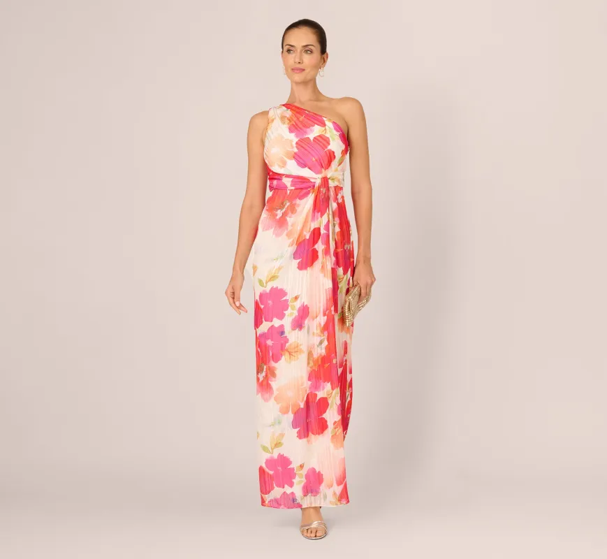 One Shoulder Watercolor Floral Stripe Gown In Ivory Pink Multi made by Adrianna Papell
