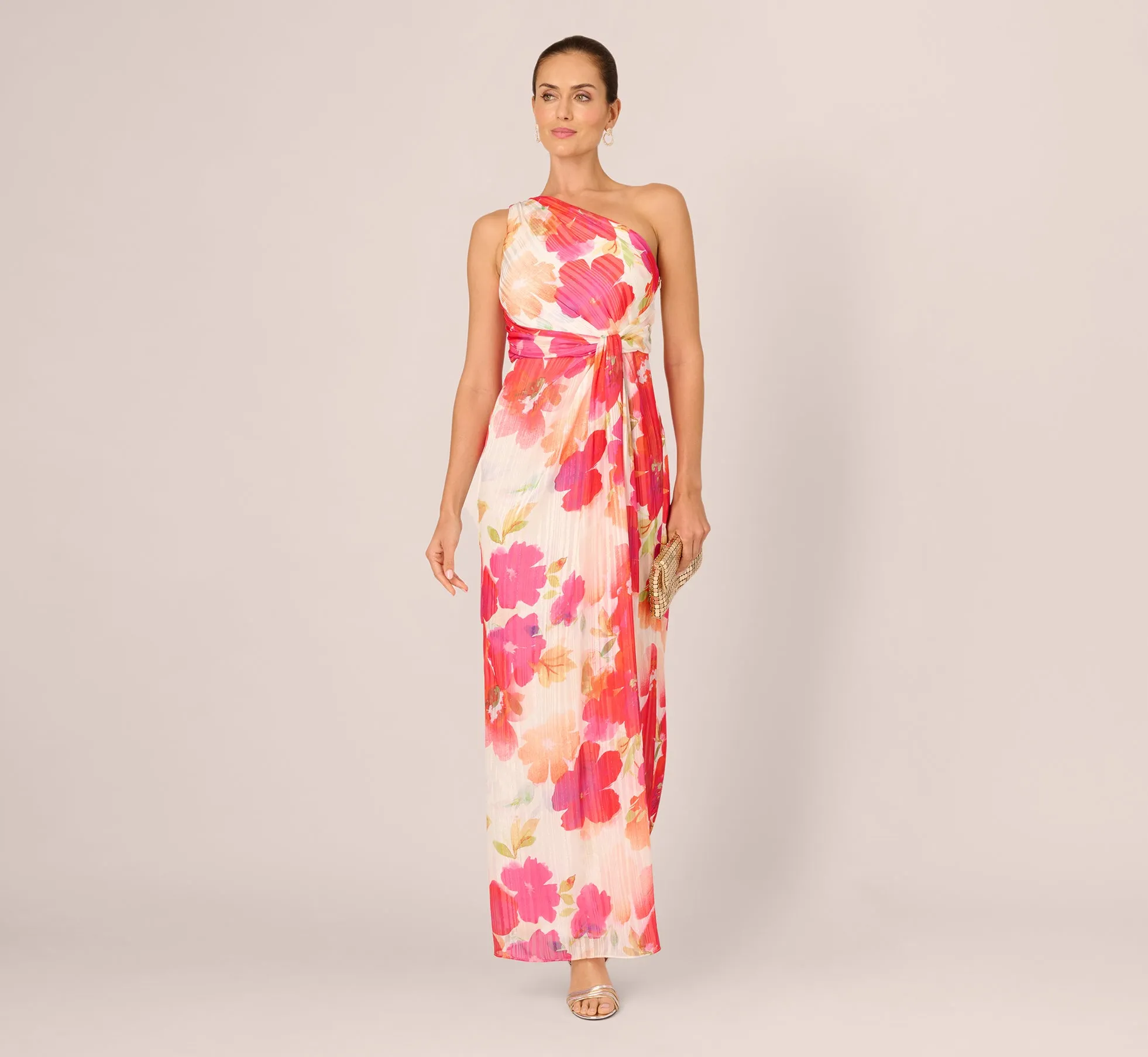 One Shoulder Watercolor Floral Stripe Gown In Ivory Pink Multi sold by Adrianna Papell
