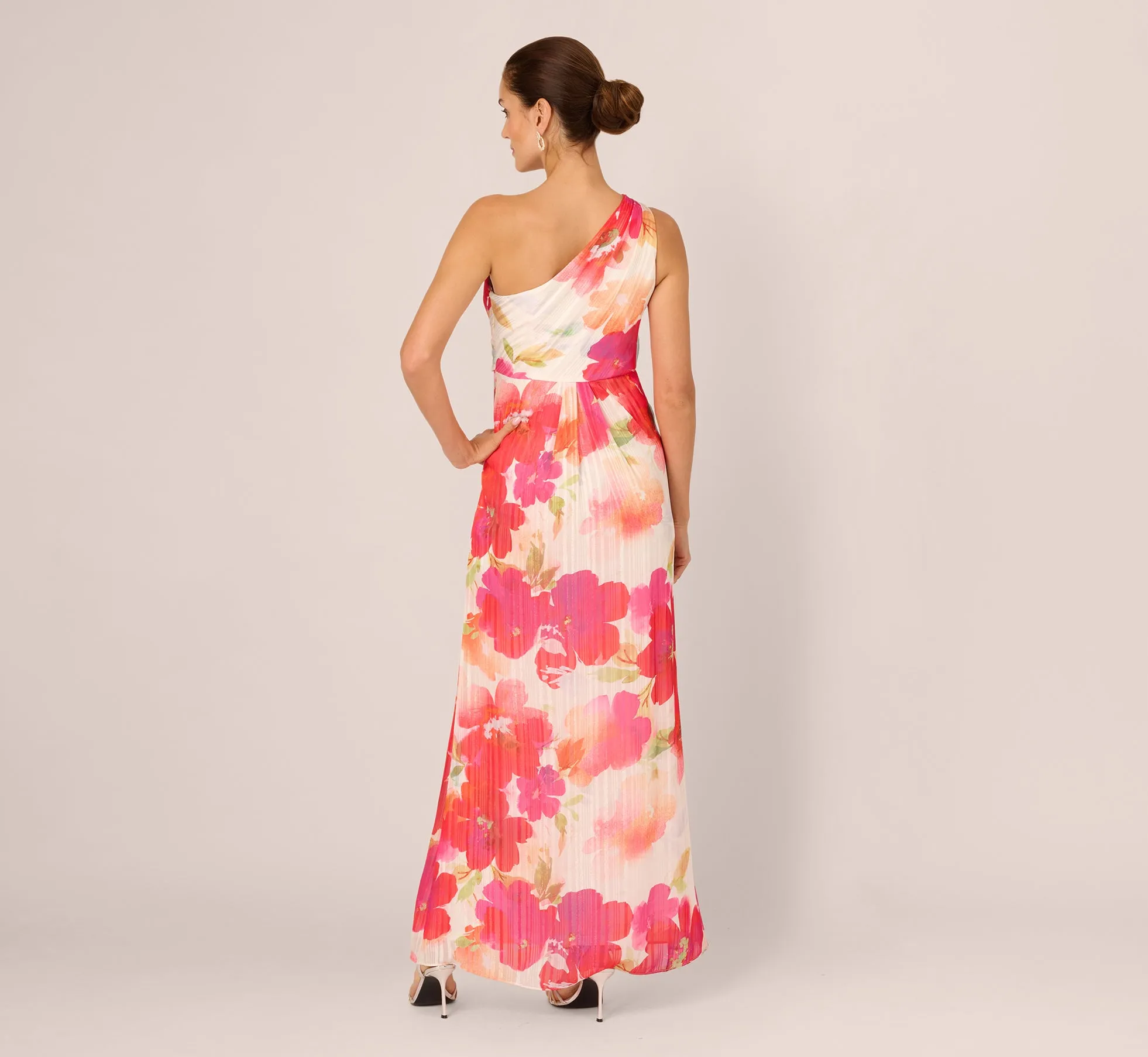 One Shoulder Watercolor Floral Stripe Gown In Ivory Pink Multi sold by Adrianna Papell product image thumbnail 5