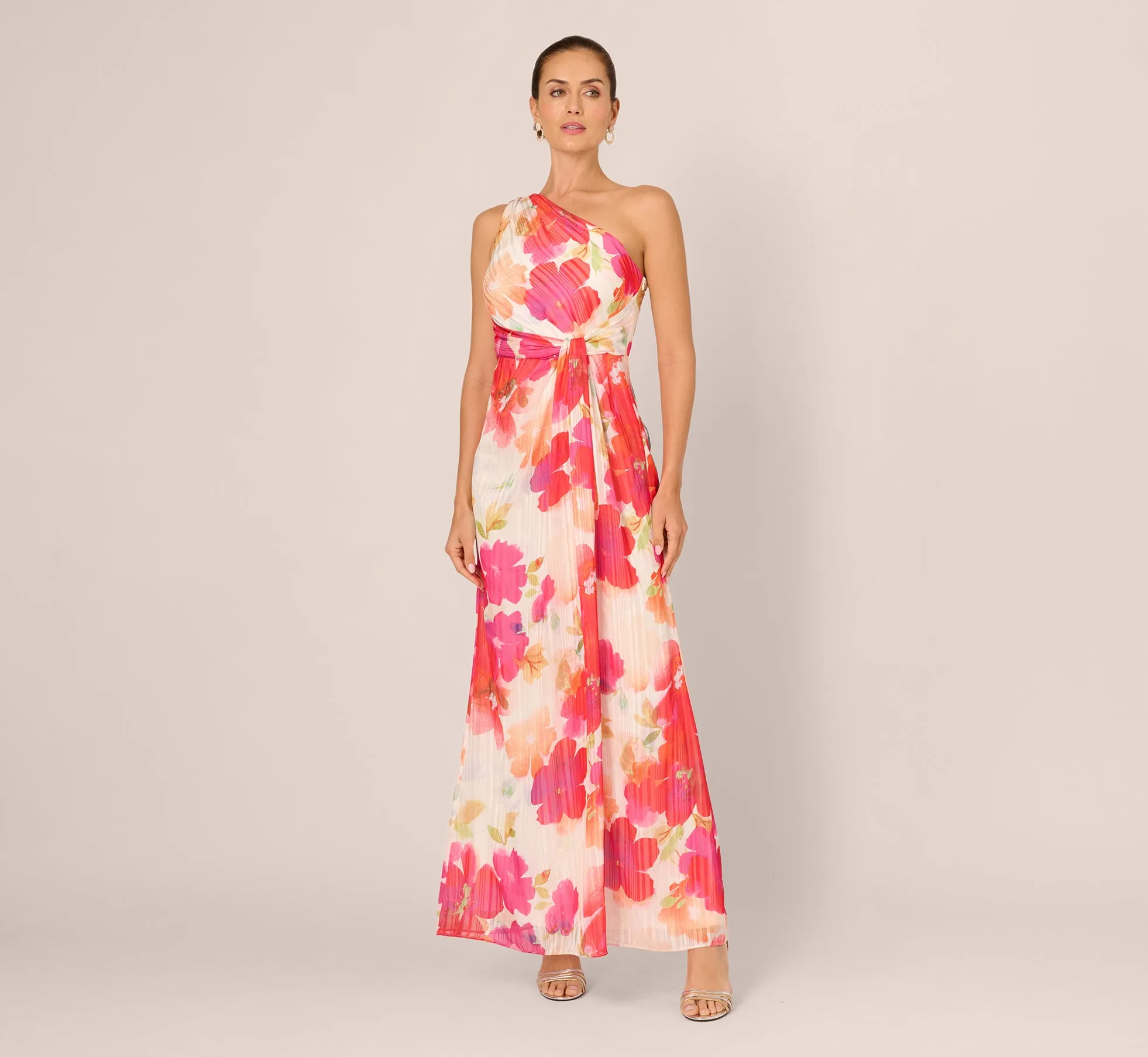 One Shoulder Watercolor Floral Stripe Gown In Ivory Pink Multi sold by Adrianna Papell product image thumbnail 2
