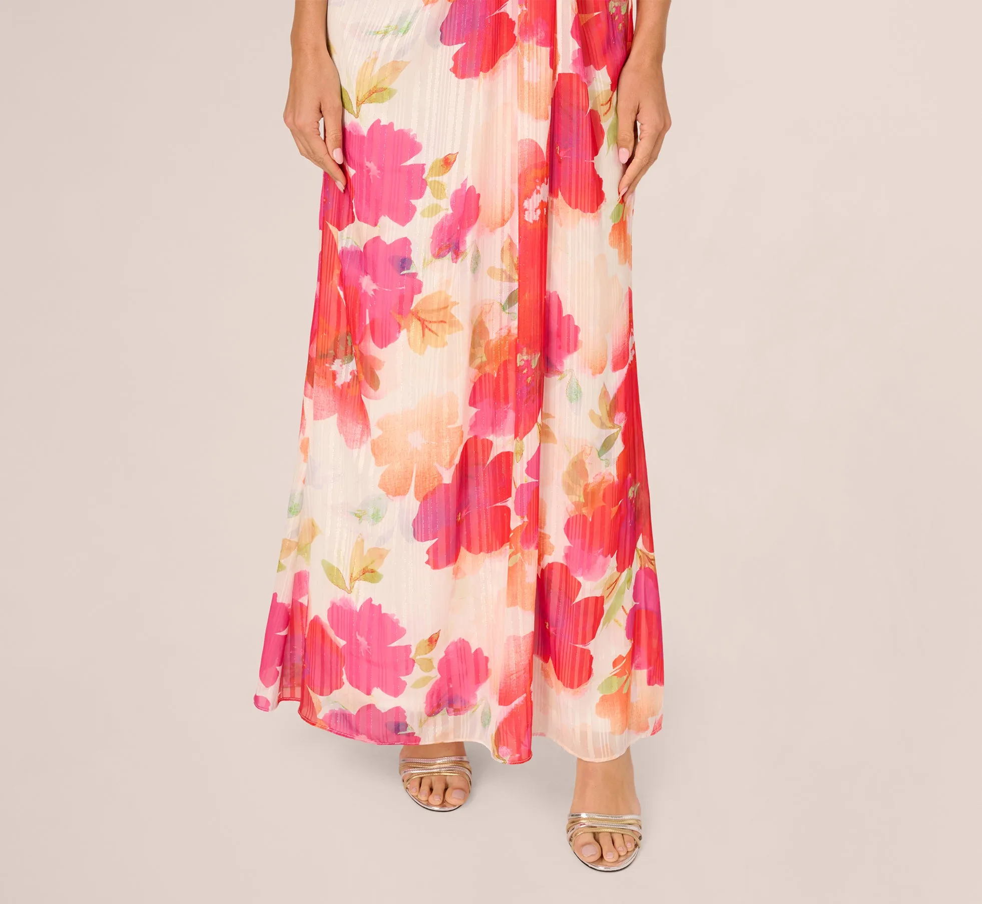 One Shoulder Watercolor Floral Stripe Gown In Ivory Pink Multi sold by Adrianna Papell product image thumbnail 3