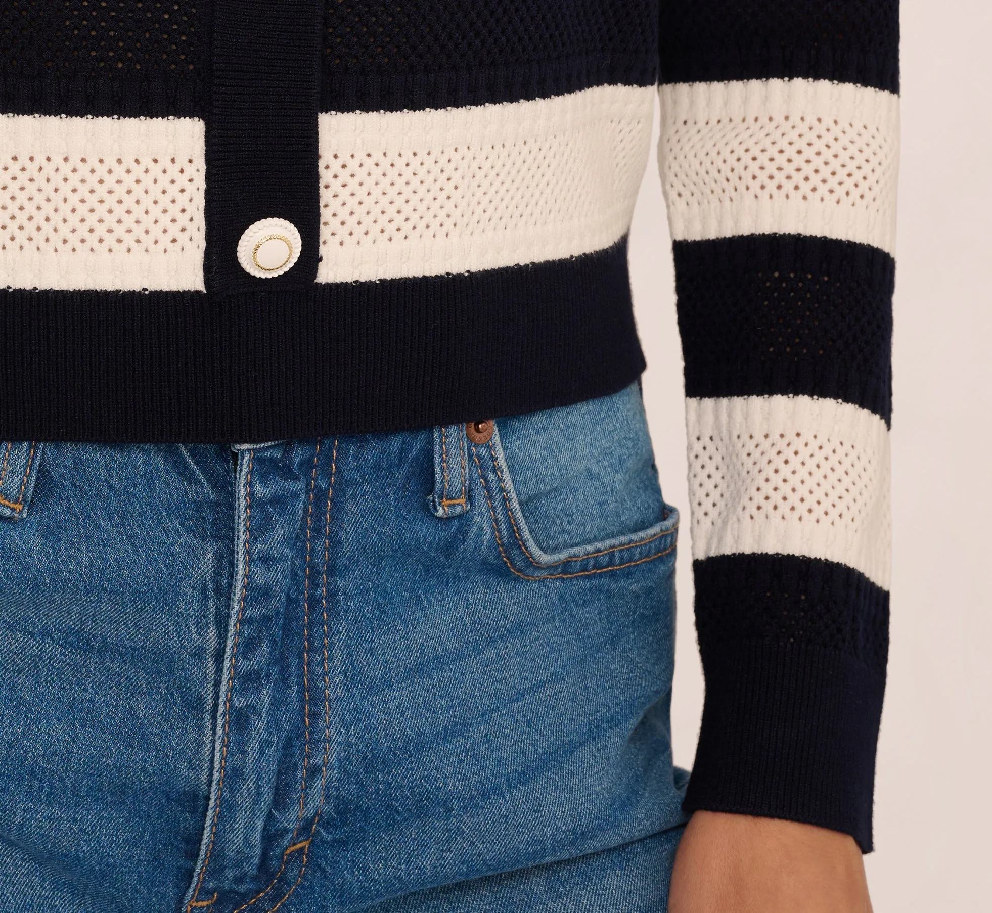 Striped Open Knit Sailor Collar Cardigan In Blue Moon Ivory sold by Adrianna Papell product image thumbnail 5