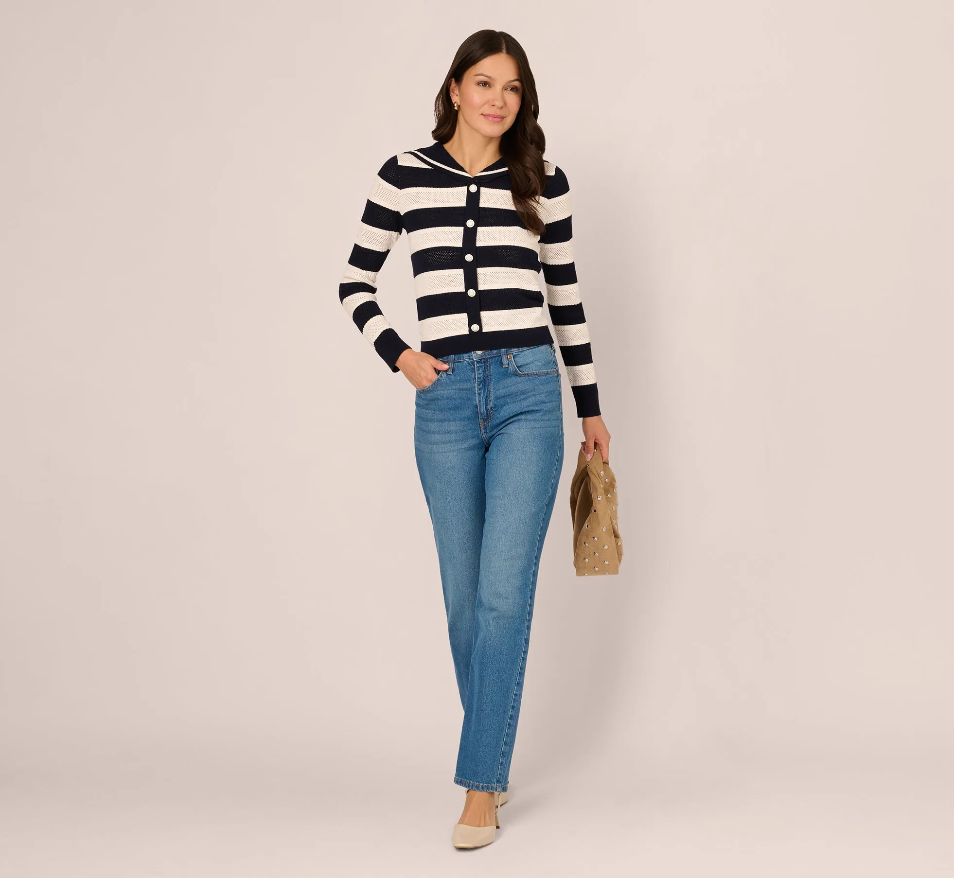 Striped Open Knit Sailor Collar Cardigan In Blue Moon Ivory sold by Adrianna Papell product image thumbnail 2