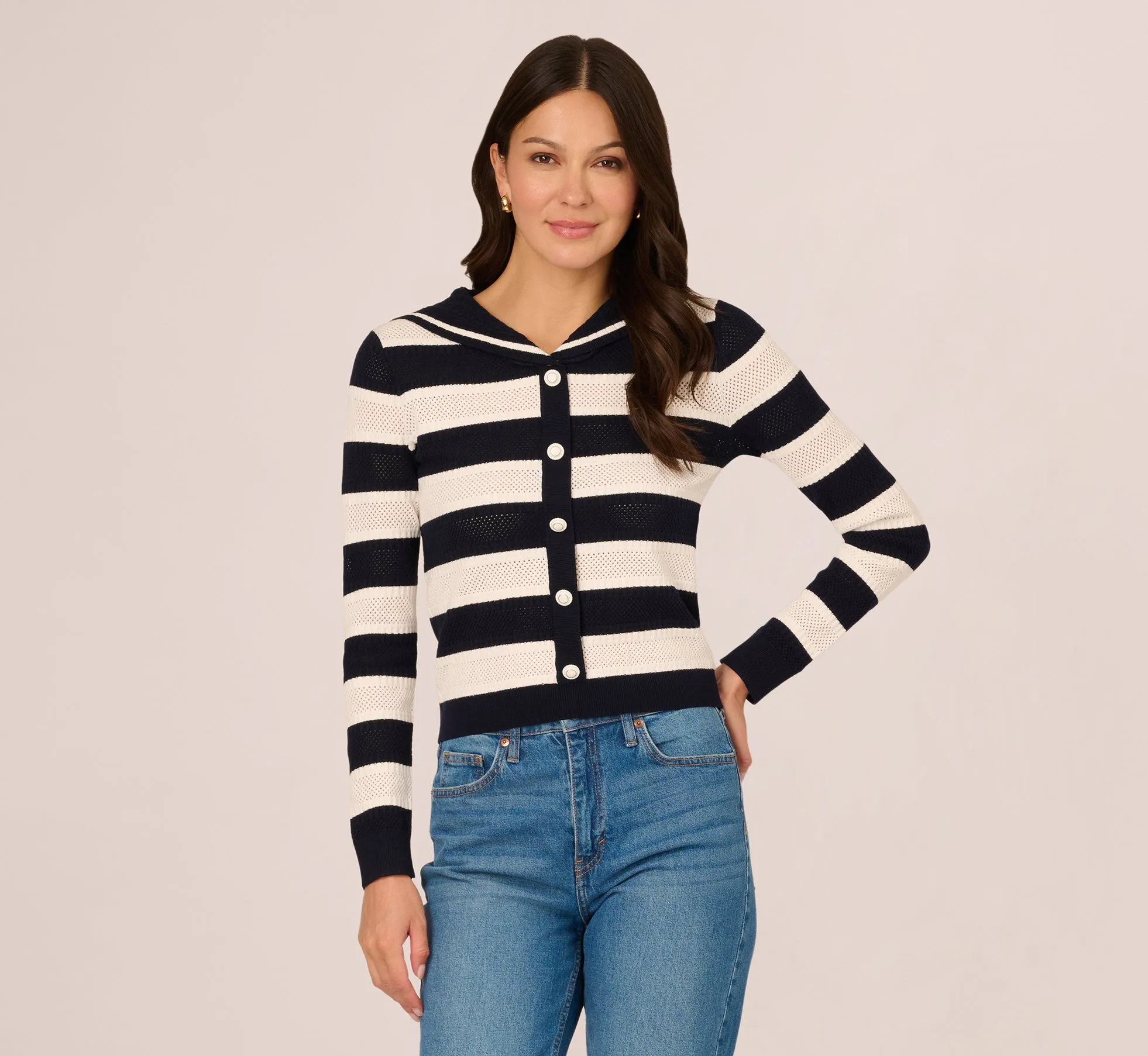Striped Open Knit Sailor Collar Cardigan In Blue Moon Ivory sold by Adrianna Papell product image thumbnail 3