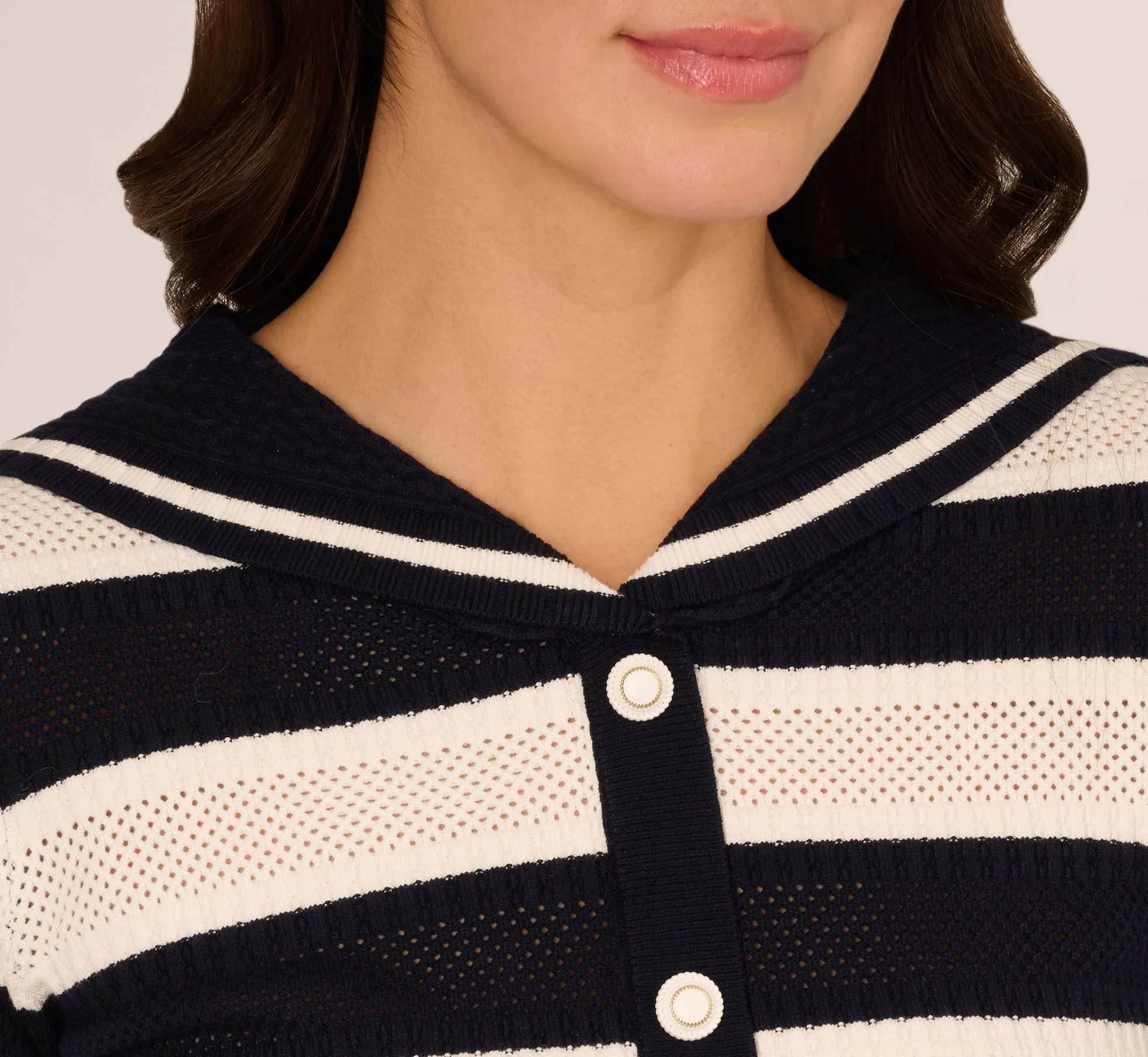 Striped Open Knit Sailor Collar Cardigan In Blue Moon Ivory sold by Adrianna Papell product image thumbnail 4