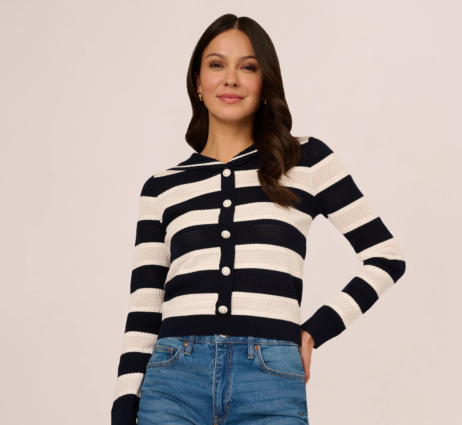 Striped Open Knit Sailor Collar Cardigan In Blue Moon Ivory sold by Adrianna Papell