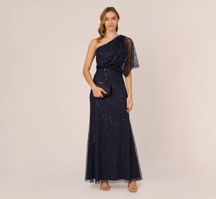 Draped One Shoulder Dress With Sequin Detail In Dusty Navy sold by Adrianna Papell