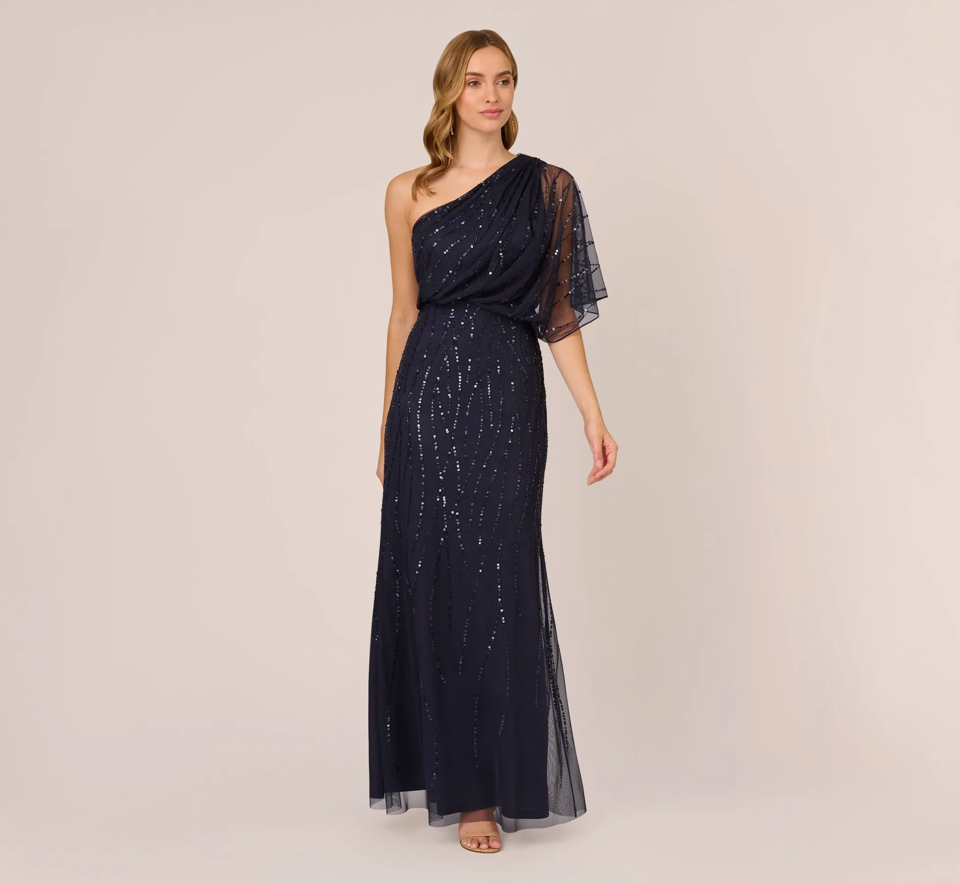 Draped One Shoulder Dress With Sequin Detail In Dusty Navy sold by Adrianna Papell product image thumbnail 2