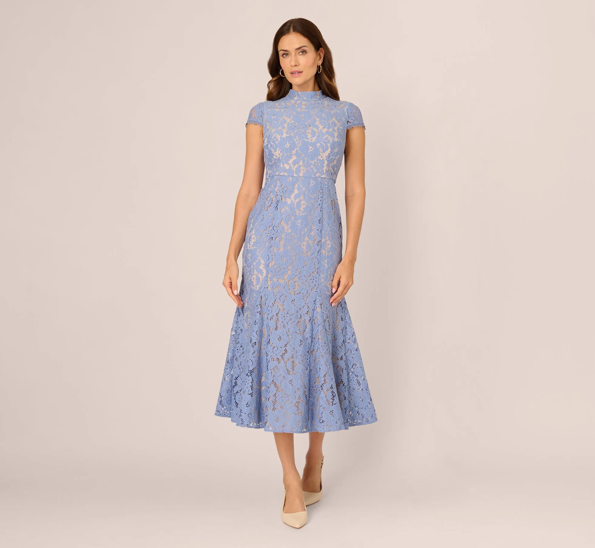 Cap Sleeve Lace Midi Dress In French Blue Nude sold by Adrianna Papell product image thumbnail 2