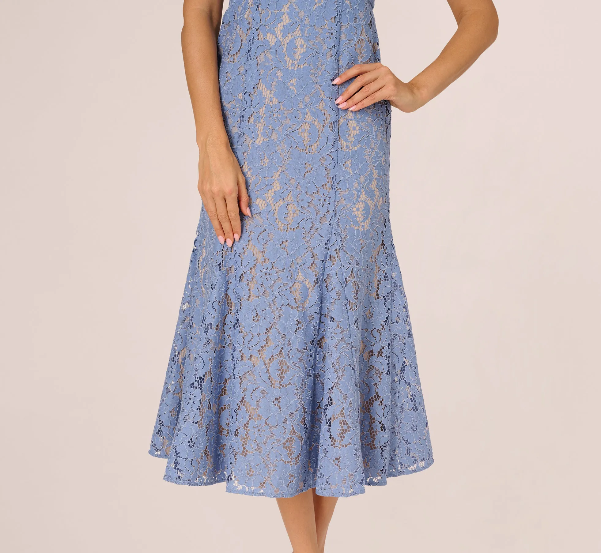 Cap Sleeve Lace Midi Dress In French Blue Nude sold by Adrianna Papell product image thumbnail 4