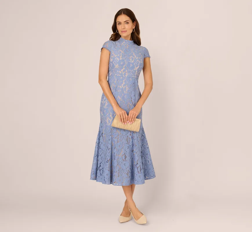Cap Sleeve Lace Midi Dress In French Blue Nude sold by Adrianna Papell