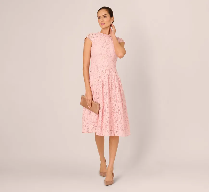 Cap Sleeve Pearly Lace Midi Dress In Blush Whisper sold by Adrianna Papell