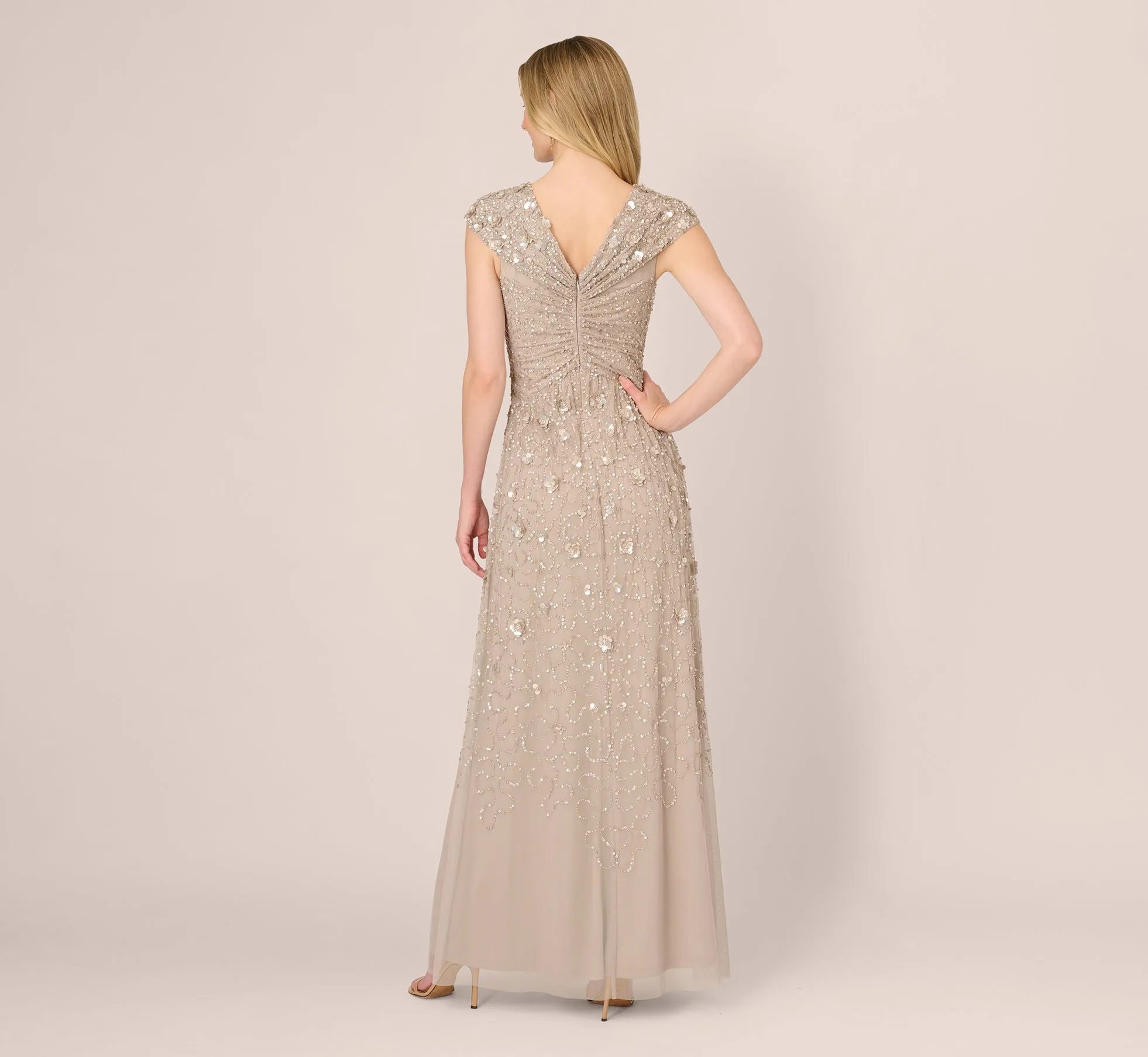 Cap Sleeve Beaded Sequin Floral Gown In Marble sold by Adrianna Papell product image thumbnail 5