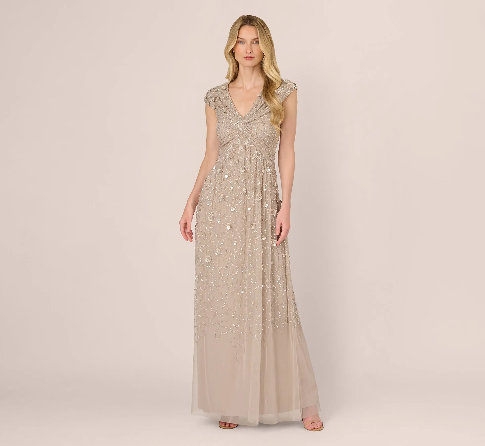 Cap Sleeve Beaded Sequin Floral Gown In Marble sold by Adrianna Papell product image thumbnail 2