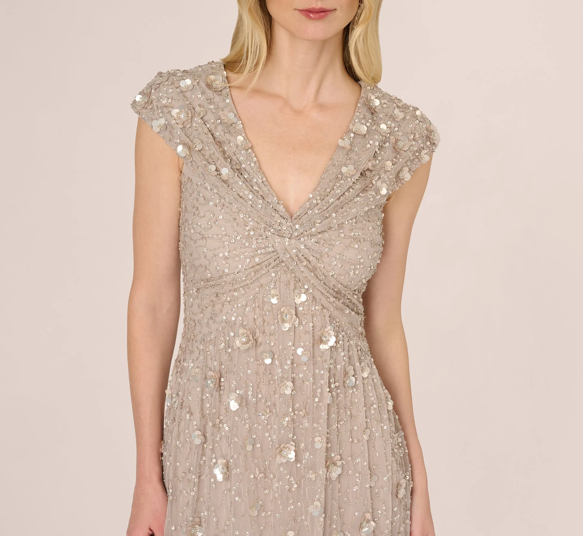 Cap Sleeve Beaded Sequin Floral Gown In Marble sold by Adrianna Papell product image thumbnail 3