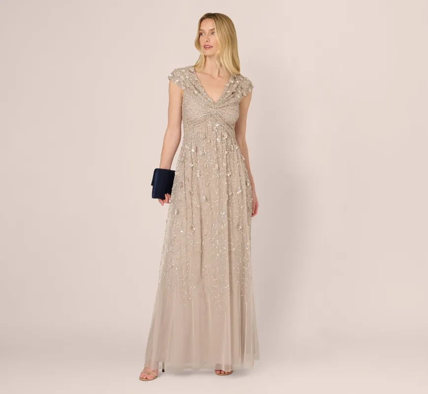 Cap Sleeve Beaded Sequin Floral Gown In Marble sold by Adrianna Papell