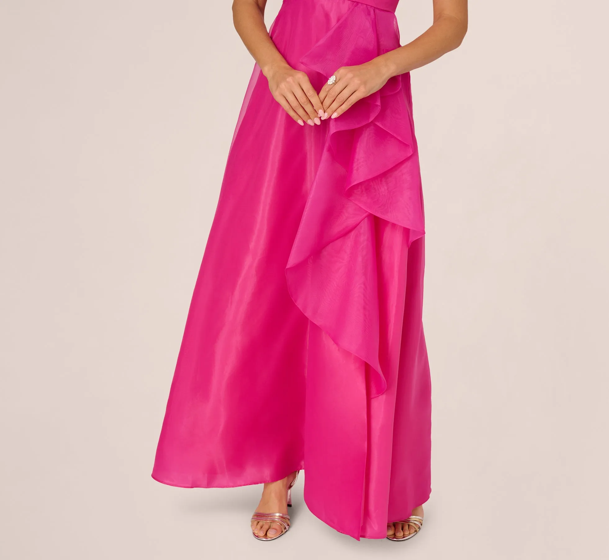 One Shoulder Tulle Cascade Gown In Lipstick sold by Adrianna Papell product image thumbnail 4