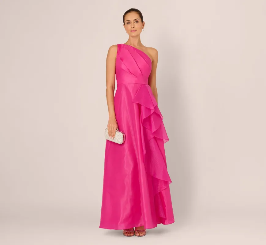 One Shoulder Tulle Cascade Gown In Lipstick made by Adrianna Papell